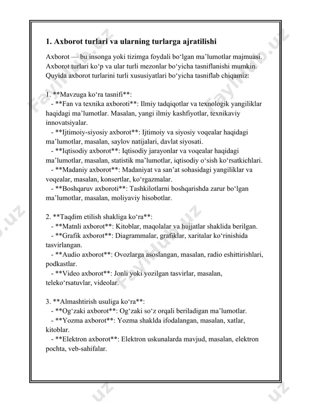 va yangiligi**: har qanday ma’lumot to‘g‘ri bo‘lishi uchun, u yangilangan va dolzarb bo‘lishi kerak. ko‘pchilik sohalarda, masalan, texnologiya yoki moliya sohasida, tez o‘zgarishlar yuz beradi va eski ma’lumotlar eskirib qoladi. misol uchun, 2021-yil uchun iqtisodiy o‘sish haqidagi prognozlar 2023-yilda dolzarb bo‘lmasligi mumkin. 3. **ma’lumotlarga asoslanganlik**: axborot haqiqatdan dalolat beruvchi statistik va empirik ma’lumotlarga tayanishi kerak. misol uchun, biror mamlakatning iqtisodiy ko‘rsatkichlarini tahlil qilish uchun, rasmiy statistika ma’lumotlari (masalan, xalqaro valyuta jamg‘armasi yoki jahon banki through ma’lumotlar) ishlatiladi. 4. **solishtirish va verifikatsiya imkoniyati**: har qanday ma’lumot boshqa manbalar yordamida tasdiqlanishi mumkin bo‘lishi kerak. boshqa mustaqil va ishonchli manbalar orqali tasdiqlanmagan ma’lumotlar ishonchsiz hisoblanishi mumkin. masalan, yangiliklar tasdiqlangan bir nechta obro‘li yangilik agentliklari orqali tarqatilsa, u ishonchli hisoblanadi. 5. **aniq va tushunarli ifoda**: axborot tushunarli va aniq bo‘lishi lozim. noaniq yoki chalg‘ituvchi ma’lumotlar ishonchlilikni pasaytiradi. ma’lumotlarni raqamlar va faktlar bilan ifodalash ham axborotning tushunarliligini oshiradi. 6. **kontextual muvozanatlilik**: ma’lumotning ishonchliligini baholashda uning …