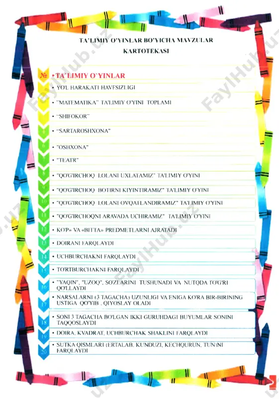 «i if 1 “ “ y o ’l harakati h a v f s iz x ig r ta ’lim iv o ’v ini to pi ami maqsadi: maktabgacha yoshdagi bolalarii svetotor. yo'l belgilari. yo'l harakati qoidalan bilan tamshtirish. shu haqidagi bilimlarini mustahkamlash ' v a ta'limiy vazifasi: yo'lmng transport katnov kismi va yo'lovchilar uchun ajratilgan joylari xahida ma'lumotlar berish. yangi so'zlarm (er osti yo’li, er ustki qatnov qismi, chorraha) o'zlashtirib. so 'z lug'atini boyitish. dan xodimi. xaydovchi kasbi bilan tamshtirish va uiaming vazifalari xaqida so z lab berish rivojlantiruvchi vazifasi: ko rish , cshitish kobiliyatlarini va xotirasini nvojlantirish, tasavvur va tushuichalani kengaytirish tarbiyaviy vazifasi: yo'l xarakati katnov kismida o'ynamaslik, kattalarga yo'l berish. xarakatlanish chog'ida xavfsizlikni ta'minlash va yo'l belgilari ga axamiyat berish. shumngdek. muammoli vaziyatlarda o ’zlarint tutishga o'rgatish faollik markazi bilan ishlash yuzasidan qisqacha qo'llanammalar: vo l harakati haqida bolalar bilan suhbatlar uyushtirish. savol-javoblar o tkazish , mavzuga …