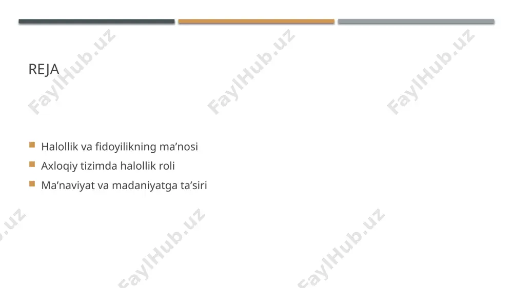 yatga bo'lgan sadiqlikni ifodalaydi. bu, ijtimoiy qadriyatlar va normalarni hurmat qilish, jamoatchilik manfaatlarini birinchi o'ringa qo'yishni anglatadi. 03 o'zaro bog'liqlik o'ziga va jamiyatga sodiqlik o'rtasida muvozanat yaratish muhimdir. bu, shaxsiy va ijtimoiy rivojlanishga yo'naltiruvchi kuch bo'lib, barqarorlikni ta'minlaydi. halollik va fidoyilik: o'zaro bog'liqlik va ahamiyati. 1 halollik va fidoyilik - halollik va fidoyilik, axloqiy qadriyatlar tizimida bir-birini to'ldiruvchi muhim tushunchalardir. ular shaxsiy va ijtimoiy hayotda asosiy rol o'ynaydi. 2 o'zaro bog'liqlik - halollik va fidoyilik o'rtasidagi bog'liqlik, bir-birini mustahkamlovchi omil sifatida namoyon bo'ladi. halol inson fidoyilik ko'rsatadi, fidoyiligi esa halollikni ta'minlaydi. 3 ahamiyati - ushbu ikki tushuncha, axloqiy va ma'naviy barqarorlikni ta'minlashda ahamiyatlidir. ular jamiyatni mustahkamlab, ijtimoiy adolat va ishonchni rivojlantiradi. 4 madaniy kontekst - o'zbek madaniyatida halollik va fidoyilik qadimdan muhim o'rin tutadi. ular, xalqning axloqiy qadriyatlari va an'analari asosida shakllangan ijtimoiy munosabatlarni belgilaydi. halollik va fidoyilikning tarixiy rivoji. 01 tarixiy kontekst halollik va fidoyilik qadim zamonlardan buyon o'zbek …