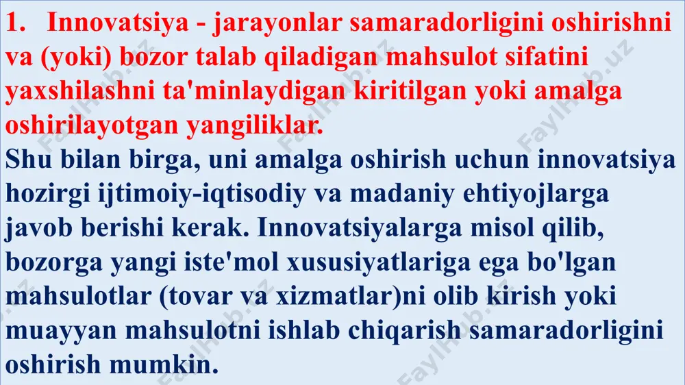 xnika taraqqiyotining uchta asosiy yo‘nalishidan foydalanish mumkin: - an’anaviy yo‘nalish; - zamonaviy yo‘nalish; - istiqbolli, ustuvor yo‘nalishlar. an’anaviy yo‘nalishga quyidagilar kiradi: elektrlashtirish; mexanizatsiyalash; qisman avtomatlashtirish; ximiyalash. zamonaviy yo‘nalishga elektronizatsiyalash, kompleks mexanizatsiyalash, kompleks avtomatlashtirish (robotlashtirish, kompyuterlashtirish), atom energetikasini jadal rivojlantirish, yangi materiallarni ishlab chiqarish va ularga ishlov berish, hozirgi davr talabiga javob beradigan texnologiyalarni qo‘llash, undan foydalanishda texnologiyaning ekologiyaga salbiy ta’sirini kamaytirish, imkoni bo‘lsa butunlay yo‘qotish yo‘llari kiradi. ustuvor yo‘nalishlarga quyidagilar kiradi: - elektronizatsiyalash, biotexnologiyani keng joriy etish, iqtisodiy informatikani ko‘paytirib, rivojlantirib, ishlab chiqarishni to‘la axborotlashtirish, fundamental fanlar bo‘yicha izlanishlarni kuchaytirish; - yangi, ilg‘or (progressiv) texnologiyalarni joriy etish; - texnika va texnologiya, elektr energiyasi va yoqilg‘ilarning, xomashyo va materiallarning eng yangi turlarini yaratish; - mavjud mashina va mexanizmlarni, asbob-uskuna hamda jihozlarni modernizatsiyalash kiradi. bozor iqtisodiyotiga kirib borish munosabati bilan ilm-fan sohasiga juda ko‘p atamalar (terminlar), tushunchalar kirib kelmoqda. masalan, “nou-xau“, innovatsiya, lizing, texnopolis, venchur, injinering, tender va h.k. “nou-xau“ - bu …