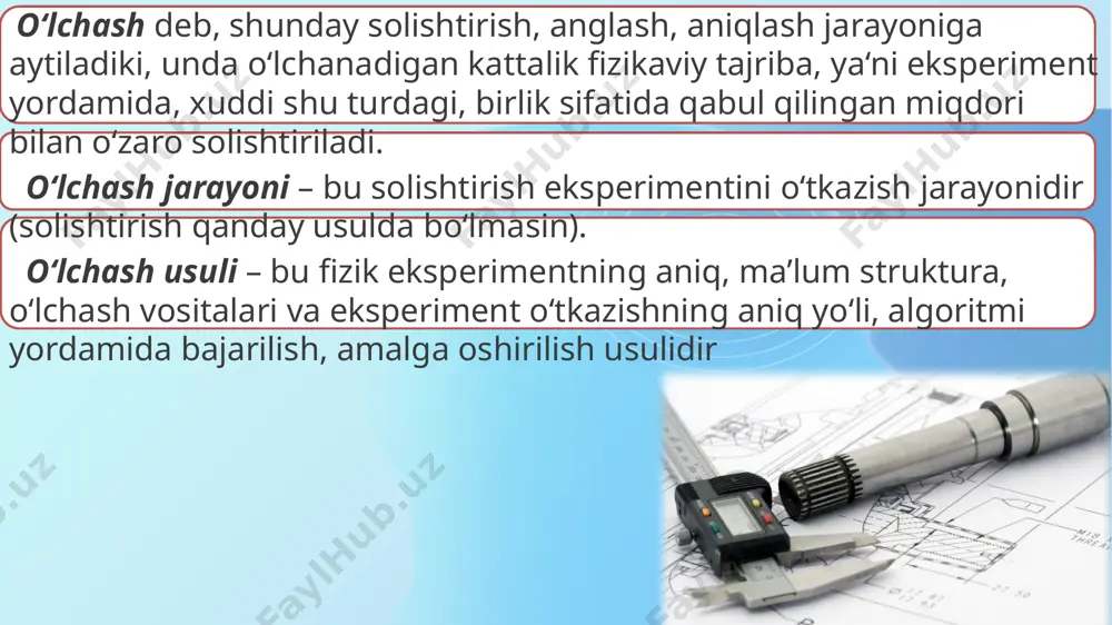 arab, turlash qabul qilingan. qo`pol xatolik deb xatoliklar qatorida absolyut qiymati bo‖yicha boshqalardan katta farq qiladigan miqdorga aytiladi. masalan, chiziqni o‖lchashda lentani yotqizish sonini sanashda adashish yoki uning teskari tomonidan sanoq olish kabilar. foydalanilgan adabiyotlar 1. metrologiya va standartlashtirish (i.h.siddikov, h.a.sattarov, sh.b.olimova toshkent-2018) 2.https://kompy.info/fizika-matematika-va-axborot-texnologiyalari-kafedrasi-tasdiql.html?page=5z xulosa men bu mavzudan o`lchash xatoliklari haqida ko`plab ma`lumotlarga ega bo`ldim. ularni turlari, bir necha formulalar haqida batafsil ko`nikma oldim. image1.png image2.jpeg image3.jpeg image4.png image5.jpeg image6.jpeg image7.jpeg /docprops/thumbnail.jpeg