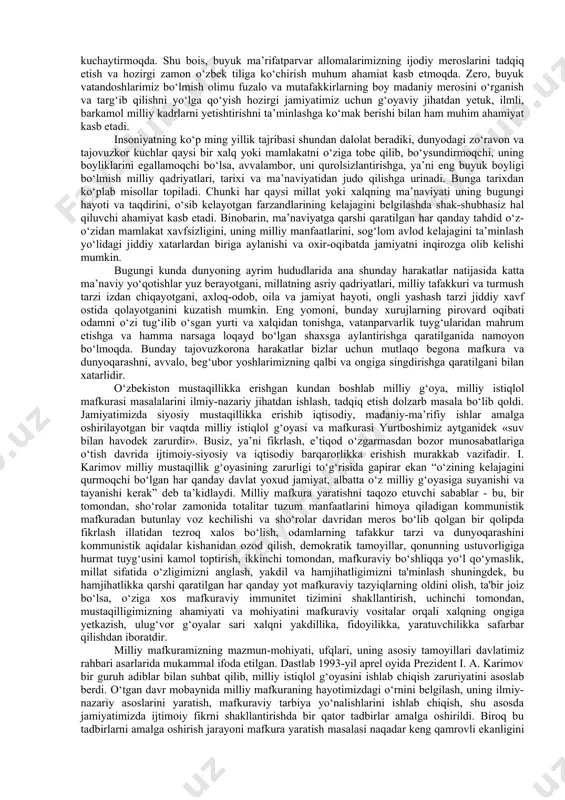 avlodni ma'naviy barkamollik ruhida tarbiyalashda “alpomish” dostoni yaratilganligining 1000 yilligini (1999), «avesto» yaratilganligining 2700 yilligini (2001) nishonlash ham muhim voqea bo‘ldi. respublika rahbariyati, eng avvalo xalqimizning ehtiyoji, orzu istaklarini hisobga olib, azaliy milliy bayramlarni tiklashga yangi istiqlol bayramlarini xalqning qadimiy an'analariga monand holda shakllantirishga katta e'tibor berdi. masalan, prezident farmonlari asosida navruz, ramazon va qurbon hayitlar bayram kuni sifatida nishonlana boshlandi. undan tashqari, istiqlol sharofati bilan “mustaqillik kuni”, “konstitutsiya kuni” va “o‘qituvchilar va murabbiylar kuni” bayramlari joriy etildi. davlat tili haqidagi qonun chiqqan kun – 21-oktyabr tabiiy ravishda “til bayrami”ga aylandi. tilimizga davlat tili maqomining amalda qaytarilishi, o‘zbek tilida rasmiy idoraviy ish yuritish, boy adabiy-tarixiy merosimizni o‘qib o‘rganish, milliy qadriyatlarni tiklash va izchil davom ettirish imkoniyatini berdi. shuningdek, lotin yozuviga asoslangan o‘zbek alifbosining joriy etilishi mamlakatning har tomonlama rivojlanishi va jahon komunikatsiyasi tizimiga kirish uchun ancha qulay shart-sharoit yaratib berdi. ayni paytda mehrjon, hosil bayrami, qovun sayli, xalq bayramlari, sportning …