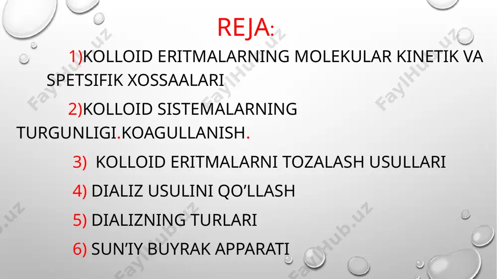 eng bo`lgan kolloid zarrachalar, ya’ni izoelektrik holatda bo‘ladigan zarrachalar juda katta tezlik bilan koagullanadi. yirik agregatlar og‘irlik kuchi ta’siri ostida idish tubiga tusha boshlaydi. sedimentatsiya jarayoni ro‘y beradi. oddiy ko’z bilan ilg’ab bo’lmaydigan kolloid zarachalar yiriklashishi yashirin koagulanish deyiladi. oddiy ko’z bilan ko’rish mumkun bo’lgan, rang o’zgarishi, cho’kma tushushi bilan kechadigan yiriklashish jaroyoni aniq shulse - gardi qoidasi. ionlarning koagullash ta’siri ularning zaryadi kattalashishi bilan progressiya ravishda oshib boradi. bu progressiya taxmin qilib olinganda ionlar zaryadlari qiymatining oltinchi darajasida olinadi: 1 : 26: 36 va hoqazo. 1 litr kolloid eritmani aniq koagullanishini chaqirish uchun qo’shish lozum bo’lgan eliktrolit miqdoriga koagullanish bo’sag’asi deb aytiladi. shunday qilib, koagullanishga granula koagullanish deb aytiladi. agregativ turg‘unlik deb sistemaning maydalanganlik darajasini saqlash qobiliyatiga aytiladi. bunday turg‘unlikni kolloid zarrachalarda bir xil zaryadlarning borligi va kolloid zarracha atrofida ular bilan bog‘langan erituvchi molekulalaridan xosil bo‘ladigan solvat qavati bilan tushintirishimiz mumkin. n.p. peskov 1922 yilda kolloid sistemalar bilan …