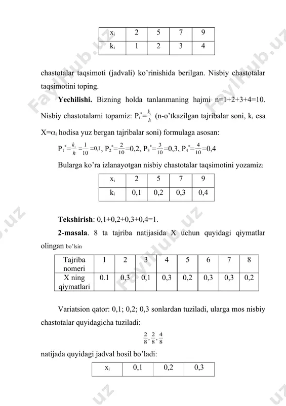 15-17 6 6. tаnlаnmаning quyidа bеrilgаn tаqsimоti bo’yichа nisbiy chаstоtаlаr gistоgrаmmаsini yasаng. intеrvаl nоmеtri qismiy intеrvаl qismiy intеrvаldаgi vаriаntаlаr chаstоtаlаrining yig’indisi i xi-xi+1 ki 1 10-15 2 2 15-20 4 3 20-25 8 4 25-30 4 5 30-35 2 k=(ki=20 2 3 5 6 20 15 10 1-chizma 1 0,3 0,25 0,2 0,15 0,1 1 4 5 8 9 xi 2-chizma ki 1,2 0,8 2 7 12 17 22 27 х 5 2 1,2 1 0,8 0 1 2 5 3-chizma 0,08 0,08 0,6 0,05 �embed equation.3��� 2 5 8 11 14 х 0,6 0,08 0,05 0 4-chizma _1270294733.unknown _1270294741.unknown _1270294747.unknown _1270294751.unknown _1270294754.unknown _1270530664.unknown _1270530831.unknown _1270294755.unknown _1270294757.unknown _1270294753.unknown _1270294749.unknown _1270294750.unknown _1270294748.unknown _1270294745.unknown _1270294746.unknown _1270294744.unknown _1270294737.unknown _1270294739.unknown _1270294740.unknown _1270294738.unknown _1270294735.unknown _1270294736.unknown _1270294734.unknown _1270294729.unknown _1270294731.unknown _1270294732.unknown _1270294730.unknown _1270294727.unknown _1270294728.unknown _1270294725.unknown