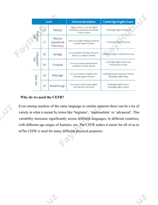 lps teachers get a better idea of how to break down the learning for each cefr level into different classes within their school or college. as well as these common reference levels, the cefr provides a ‘descriptive scheme’ of definitions, categories and examples that language professionals can use to better understand and communicate their aims and objectives. the examples given are called ‘illustrative descriptors’ and these are presented as a series of scales with can do statements from levels a1 to c2. these scales can be used as a tool for comparing levels of ability amongst learners of foreign languages and also offer ‘a means to map the progress’ of learners. the scales in the cefr are not exhaustive. they cannot cover every possible context of language use and do not attempt to do so. whilst they have been empirically validated, some of them still have significant gaps, e.g. at …