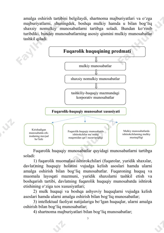 osabatlar ishtirokchilarini tengligi tamoyili; · mulk dahlsizligi tamoyili; · shartnomalar erkinligi tamoyili; · xususiy ishlarga biron bir kishini o‘zboshimchalik bilan aralashishga yo‘l qo‘yilmasligi tamoyili; · fuqarolik huquqlarini to‘sqinliksiz amalga oshirilishi tamoyili; · buzilgan fuqarolik huquqlarini tiklanishi tamoyili; · fuqarolik huquqlarini sud orqali himoya qilinishini ta’minlash tamoyili; · fuqarolar (jismoniy shaxslar) va yuridik shaxslar o‘z fuqarolik huquqlariga o‘z erklariga muvofiq ega bo‘lishlari va bu huquqlarni o‘z manfaatlarini ko‘zlab amalga oshirishlari tamoyili; · tovarlar, xizmatlar va moliyaviy mablag‘larni o‘zbekiston respublikasi butun hududida erkin harakatlanish tamoyili. fuqarolik huquqining tizimi. fuqarolik huquqi o‘quv fani, huquq tarmog‘i sifatida o‘zining muayyan tizimiga ega. bunda tizim muayyan tarkibiy qismlardan, normalar majmuidan iborat bo‘ladi. fuqarolik huquqi tizimi tarkibiy qismlari o‘rtasida muayyan uzviy bog‘lanish, ketma-ketlik, tartib mavjud. bunday uzviy bog‘lanish tasodifiylik xarakteriga ega emas, balki biri muqarrar ravishda ikkinchisini keltirib chiqaruvchi, ikkinchisi shartligini, mavjudligini taqazo etuvchi uzviy bog‘lanish hisoblanadi. fuqarolik huquqi o‘quv fani tizimi ham fuqarolik kodeksi tizimi kabi …