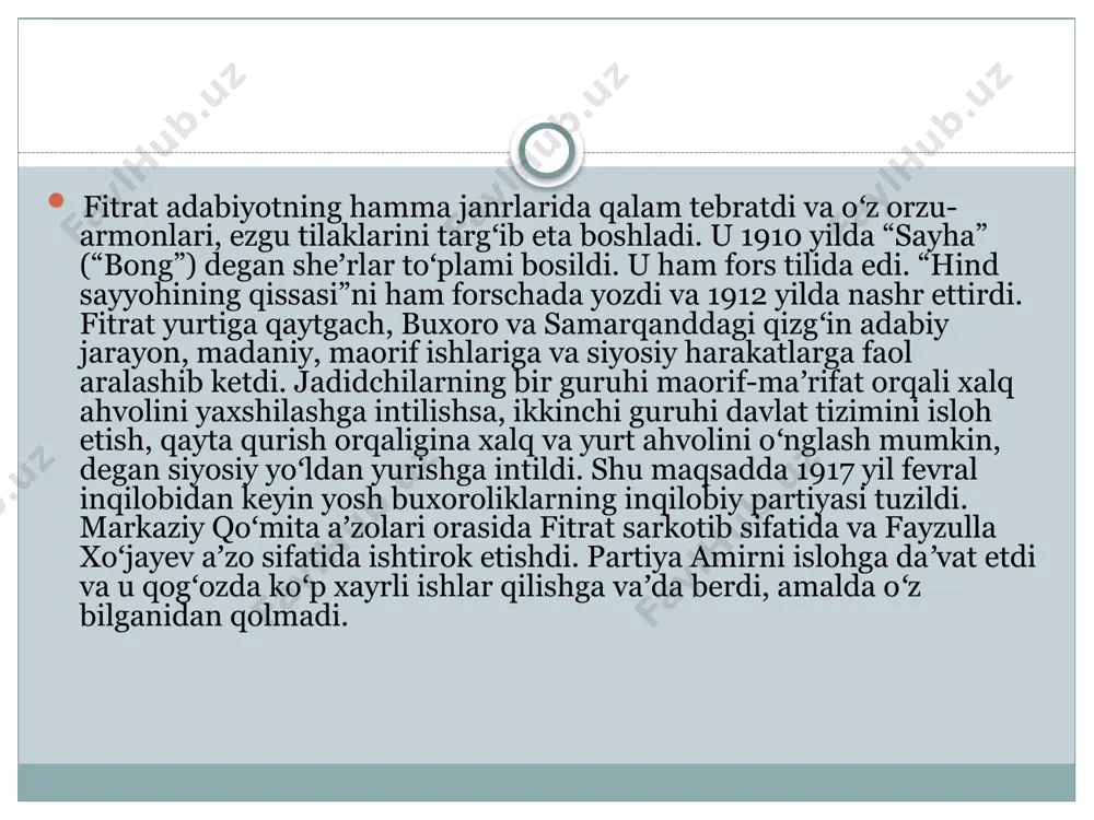 utulishga undash tuygʻusi bilan yoʻgʻrilgan: fitratning “uchqun” degan toʻplamining chiqqanligi toʻgʻrisida xabar bosilgan (1923 yil), lekin u topilmagan. respublika matbuotida va “oʻzbek yosh shoirlari” toʻplamida (1922 yil), boshqa manbalarda uning talaygina sheʼrlari bosilgan. garchand fitrat fors, arab tillarini yaxshi bilsa-da, oʻz sheʼrlarida iloji boricha oʻsha tillarga mansub soʻzlarni ishlatmaslikka va sodda oʻzbek tilida yozishga intildi. uning ustiga fitrat oʻz badiiy ijodi va ilmiy maqolalari orqali barmoq vaznining qulayligi va keng imkoniyatlarini targʻib qildi. “bir oz kul!”, “ishqimning tarixi”, “yana yondim…”, “qor” kabi sheʼrlari soddaligi va tuygʻu, kechinmalarni haqqoniy ifodalab berishi bilan jozibalidir. “oʻqituvchilar yurtiga” sheʼrida elni maʼrifat, haqiqat yoʻliga yoʻnaltirish va jaholatga qarshi kurashga daʼvat etadi: orqadoshlar, toʻplanaylik jahlning uyin yiqqali, el koʻzin olgʻon qorongʻu pardalarni yirtqali. fitratning “sharq” sheʼrida sharqni, yurtini talagan, oyoqosti qilgan, erkiyu boyligini oʻgʻirlagan bosqinchilarga cheksiz nafrati ochiq aytiladi. fitratning mashhur sheʼrlaridan biri “mirrix yulduziga” deb nomlanadi. bu sheʼr uning boshiga koʻp kulfatlar soldi, uni millatchi …