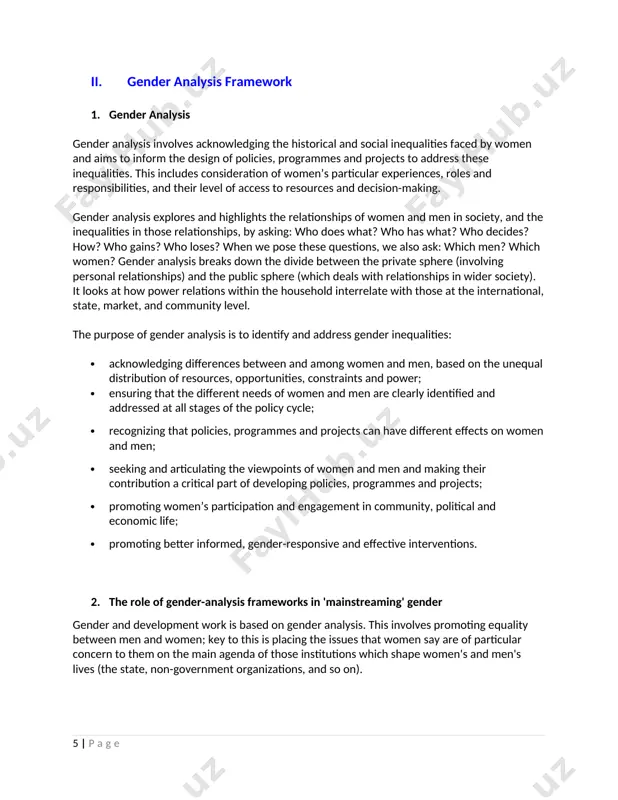 and women's control over their bodies. however, many of these issues are perceived as part of a natural order, which cannot be challenged. women may only be able to articulate their strategic interests/ needs once they have exchanged knowledge with someone who knows that it is possible to change the 'natural order'. this may be an external facilitator, or a community member who has experienced another environment or culture (for example, a returning migrant worker). men also have strategic interests/ needs: they may aim to transform their own roles (in order to be able to take part in child-care or to resist conscription into a fighting force), or, on the other hand, they may resist women's demands for more control over their own lives. some have argued that practical and strategic interests and needs cannot be so neatly separated. every practical development intervention has an effect on power relations (the …