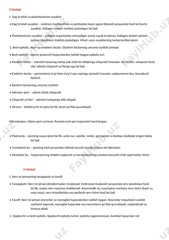 1. dag‘al tolali va plastinkasimon suyaklar • dag‘al tolali suyaklar – embrion rivojlanishida va jarohatdan keyin qayta tiklanish jarayonida hosil bo‘luvchi suyaklar. kollagen tolalari tartibsiz joylashgan bo‘ladi. • plastinkasimon suyaklar – yetilgan organizmda uchraydigan asosiy suyak to‘qimasi. kollagen tolalari qatlam-qatlam (plastinka) shaklida joylashgan. misol: uzun suyaklarning tashqi kortikal qismi. 2. bezli epiteliy, ekzo- va endokrin bezlar. ekzokrin bezlarning umumiy tuzilishi prinsipi • bezli epiteliy – sekret ajratuvchi hujayralardan tashkil topgan epiteliy turi. • ekzokrin bezlar – sekretini tananing tashqi yoki ichki bo‘shliqlariga chiqaradi (masalan, ter bezlari, oshqozon bezi). ular odatda chiqarish yo‘llariga ega bo‘ladi. • endokrin bezlar – gormonlarni to‘g‘ridan-to‘g‘ri qon oqimiga ajratadi (masalan, qalqonsimon bez, buyrakusti bezlari). • ekzokrin bezlarning umumiy tuzilishi: • sekretor qism – sekret ishlab chiqaradi. • chiqarish yo‘llari – sekretni tashqariga olib chiqadi. • stroma – biriktiruvchi to‘qima bo‘lib, bezni qo‘llab-quvvatlaydi. mikroskopiya: odam qoni surtmasi. rasmda turli qon hujayralari tasvirlangan. • plazma bu – qonning …