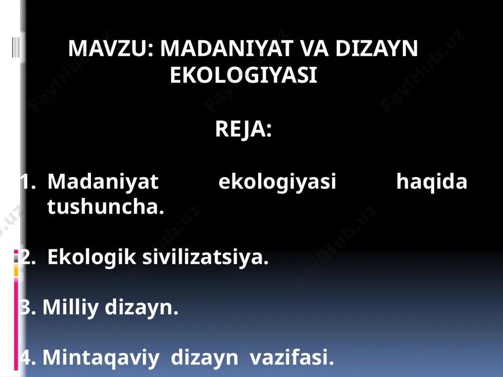 mintaqani moddiy va ma’naviy madaniyat manbalarini bilan foydalanadi, ular shu etnomadaniyat an’analariga mos. mintaqaviy dizaynni vazifasi - mintaqani tabiiy sharoitga va iqlimga mos kostyum yaratish, an’anaviy shaklning usullarini va materiallariga munosabatlarini tiklash. o’zbekiston dizaynerlari o’z ijodida an’anaviy matolarni (xon – atlas, shoyi, beqasam va adrasni), bezak, aksessuarlar va taqinchoqlarni keng qo’llashadi. ular milliy kiyimlarga yangi hayot berishadi va milliy matolardan zamonaviy liboslarni taqdim etishadi. image2.jpeg image3.png image4.png image5.png image6.png image7.png image8.png image9.jpeg image10.jpeg image11.jpeg image12.jpeg image13.jpeg image14.jpeg image15.jpeg image16.jpeg image17.png image18.jpeg image19.jpeg image20.jpeg image21.jpeg image22.jpeg image23.jpeg image24.jpeg image25.jpeg image26.jpeg image27.jpeg image28.jpeg image29.jpeg /docprops/thumbnail.jpeg