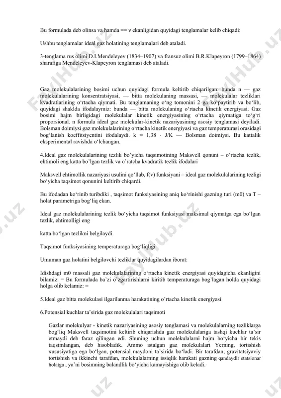 usulini qo‘llab, f(v) funksiyani – ideal gaz molekulalarining tezligi bo‘yicha taqsimot qonunini keltirib chiqardi. bu ifodadan ko‘rinib turibdiki , taqsimot funksiyasining aniq ko‘rinishi gazning turi (m0) va t – holat parametriga bog‘liq ekan. ideal gaz molekulalarining tezlik bo‘yicha taqsimot funksiyasi maksimal qiymatga ega bo‘lgan tezlik, ehtimolligi eng katta bo‘lgan tezlikni belgilaydi. taqsimot funksiyasining temperaturaga bog‘liqligi umuman gaz holatini belgilovchi tezliklar quyidagilardan iborat: idishdagi m0 massali gaz molekulalarining o‘rtacha kinetik energiyasi quyidagicha ekanligini bilamiz: = bu formulada ba’zi o’zgartirishlarni kiritib temperaturaga bog’lagan holda quyidagi holga olib kelamiz: = 5.ideal gaz bitta molekulasi ilgarilanma harakatining o’rtacha kinetik energiyasi 6.potensial kuchlar ta’sirida gaz molekulalari taqsimoti gazlar molekulyar - kinetik nazariyasining asosiy tenglamasi va molekulalarning tezliklarga bog‘liq maksvell taqsimotini keltirib chiqarishda gaz molekulalariga tashqi kuchlar ta’sir etmaydi deb faraz qilingan edi. shuning uchun molekulalarni hajm bo‘yicha bir tekis taqsimlangan, deb hisobladik. ammo istalgan gaz molekulalari yerning, tortishish xususiyatiga ega bo‘lgan, potensial maydoni ta’sirida bo‘ladi. …