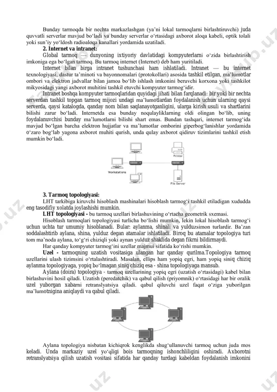 oʻlchoviga muvofiq: - lan ( local-area network) lokal tarmoq (bir ofis, bino ichidagi aloqa); - can (campus-area network) - kampus tarmoq, (binolar orasidagi kompyuter tarmoq); - man (metropolitan-area network) katta radiusga (bir necha oʻn km) axborot uzatuvchi kengaytirilgan tarmoq; - wan (wide-area network) keng masshtabli, mintaqaviy, maxsus qurilma va dasturlar bilan ta’minlangan alohida tarmoqlarni birlashtiruvchi yirik tarmoq; - gan (global-agea network) global (xalqaro, qit’alararo) tarmoq; 3) tarmoq tugunlari turi boʻyicha (tugun - hisoblash tarmoqlari va ularning alohida elementlari ulangan joyi). boshqacha aytganda, tugunga shaxsiy, mini- va katta kompyuterlar, alohida tarmoq qam kiradi. masalan, umumiy foydalanish tarmoqlaridagi alohida kompyuterlar (boshqachasiga ularni stantsiyalar deb qam yuritishadi) tugunlarga misol boʻla oladi. unchalik katta boʻlmagan alohida tarmoqlar kampus tarmogʻi uchun tugun boʻladi. 4) funktsional munosabatiga koʻra: - bir xil darajali (peer-to-peer - odnorangovoye) tarmoqlar, uncha katta boʻlmagan, bir xil mavqega ega kompyuter tarmoqlaridir. bu qar bir abonent tizimi bir xil koʻlamda resurslarni taqdim va …