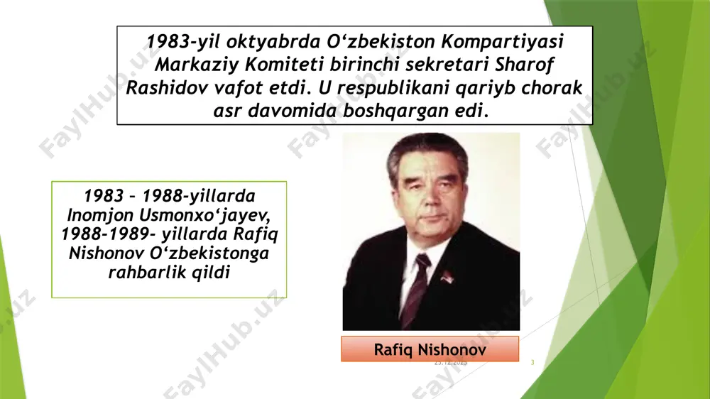 edi. 03.04.2024 13 farg‘ona fojiasi va uning mohiyati 03.04.2024 14 markaz jilovni qo‘ldan bermaslik uchun butun imkoniyatlarni ishga solayotgan bir sharoitda 1989-yil may-iyun oylarida quvasoyda yoshlar o‘rtasida bo‘lgan bezorilik vodiyda millatlararo to‘qnashuvni (mesxeti turklari bilan mahalliy yoshlar o‘rtasida) keltirib chiqardi. 1989-yil 7-8-iyunda qo‘qon shahrida mahalliy aholi qatnashgan tinch namoyish harbiy qism askarlari tomonidan o‘qqa tutilishi natijasida 50 dan ziyod namoyishchilar halok bo‘ldi. 03.04.2024 15 1990-yil iyunda farg‘ona vodiysining o‘sh va o‘zgan shaharlarida (qo‘shni qirg‘iziston hududida) qirg‘izlar bilan o‘zbeklar o‘rtasida etnik mojaro kelib chiqdi. 03.04.2024 16 o‘zbekiston ssr siyosiy rahbariyatidagi yangi o‘zgarishlar. 03.04.2024 17 1989-yil 23-iyunda tajribali iqtisodchi va partiya xodimi islom karimov o‘zbekiston kompartiyasi markaziy komitetining birinchi sekretari qilib saylandi. u o‘zi saylangan plenumda so‘zlagan nutqida o‘zbekistonning ittifoqda tutgan o‘rni va rolini aniq va ravshan belgilab berdi, madaniy merosni va tarix haqiqatini tiklash, milliy urf-odatlar va an’analarni rivojlantirish obyektiv zaruriyat ekanligini ta’kidladi. 03.04.2024 18 bu davr o‘zbekiston ijtimoiy- hayotida jiddiy …