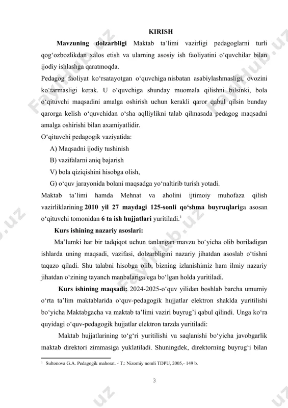 ktab hujjatlari sifatida kurs ishining metodlari: sanab o‘tilgan vazifalarni amalga oshirish uchun pedagogika va yosh psixologiyasi fani sohasida qo‘llanib kelinayotgan bir qator metodlardan foydalandik. bular suhbat metodi, amaliyotlar bilan ishlash, test, so‘rovnomalar, eksprement, sinov usuli. kurs ishining mazmuni: u kirish, asosiy qism, to‘rt reja, xulosa va foydalanilgan adabiyotlar ro‘yxatidan iborat. i. bob. maktab ta’limi tizimi: muammolar va istiqbollar 1.1 maktab ta’lim tizimi va unda yuritiladigan hujjatlar tavsifi maktab ta’limi o‘zbekistonda ijtimoiy siyosatning ustuvor yo‘nalishlaridan biridir. aynan maktab ta’limining sifati va qulayligi davlatning rivojlanish istiqbollarini aks ettirib, yuqori malakali kadrlar tayyorlash uchun zamin yaratadi. ta’lim uchun mablag‘larni tejash mumkin emas, degan fikrga qo‘shilmasdan boshqa ilojimiz yo‘q. o‘zbekiston respublikasi konstitusiyasida maktab ishlari davlat nazoratida ekanligi bejizga ta’kidlangan emas. abdulla avloniy aytganidek «tarbiya biz uchun yo hayot – yo mamot, yo najot – yo halokat,yo saodat – yo falokat masalasidir». maktab ta’limining bugungi holati bugungi kunda o‘zbekistonda 10130 ta umumta’lim maktablari mavjud bo‘lib, …