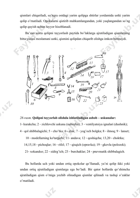 1. opokalarning miqdoriga qarab: bitta, ikkita, uchta opokalarda. 2. moslama asbob-uskunlarining konstruksiyasiga qarab: qismlarga kiritilmaydigan moslama bo’yicha, qismlarga ajratilmaydigan moslama bo’yicha, shartli (shablon) moslama bo’yicha, qobirg’ali moslamalar bo’yicha. 3. texnologik usullarga qarab: ‒ oddiy; ‒ qum qolipi bilan; ‒ metall sirtini ko’ndalar kesish – (podrezka) usuli bilan; ‒ soxta yechib olinadigan qismlari bilan; ‒ osma qolip bilan; ‒ qumli sterjenini qo’llash yo’li bilan; ‒ yechib olinadigan bo’laklarni qo’llash orqali; ‒ o’zaklarda qoliplash orqali. asosiy vazifalar. 1. moslama jihozlarini tayyorlash. 2. opokalarni qorishma bilan to’ldirish va uni zichlantirish. 3. bo’rtib chiqqan qismlarni mustahkamlash. 4. qoliplarni shamollatish. 5. moslamana chiqarib olish. 6. qoliplarga ishlov berish. 7. qoliplarni mustahkamlash. 8. qoliplarni yig’ish va quyishga tayyorlash. ikkita opokada ajralmas moslama yordamida qolipni ishlab chiqarish. kichkina qopqoqni ajralmaydigan yog’ochdan yasalgan moslama yordamida tayyorlab olish (29,a-rasm). plitaga moslama va pastki opoka o’rnatiladi (29,b-rasm), va qolip aralashmasi bunkerdan tushurilib zichlashtiriladi. undan keyin yarm qolip plita bilan birga …