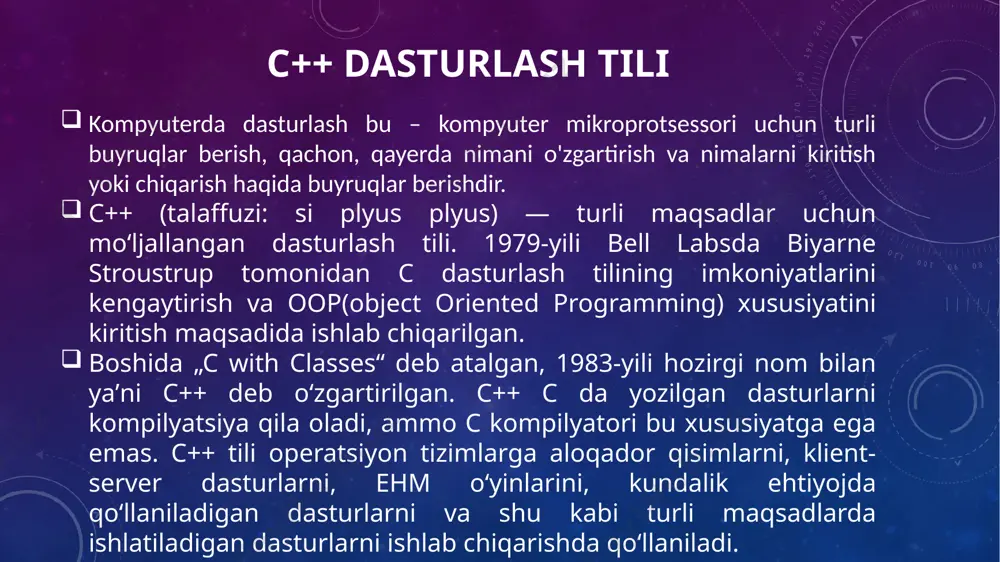 lgan texnik tizimlar va ishlab chiqarish jarayonlarining so'nggi texnik tarkibiy qismlarini ishlab chiqish va qo'llashni o'rganadi.avtomatlashtirilgan mashinalar, boshqacha qilib aytganda robotlar odamlar o'rniga xavfli joylarda yoki zavodda yig'ish jarayonida ishlashi mumkin. web dasturlashga nimalar kiradi ? web saytlar web ilovalar web servislar web saytlar va web ilovalar hamma qurilma va operatsion tizimlarda boshqa yo’nalish dasturlari web servislarga “muhtoj” front-end back-end image2.png image3.png image4.png image5.png image6.png image7.png image8.png image9.png image10.png image11.png image12.png image13.png image14.jpg image15.jpg image16.png image17.png image18.png image19.png image20.png image21.png image22.png image23.png image24.png image25.png image26.png image27.jpg image28.png image29.jpeg image30.jpg image31.png image32.png image33.png image34.png image35.png image36.png image37.png image38.png image39.png image40.png image41.png image42.png smart house flat illustration concept /docprops/thumbnail.jpeg