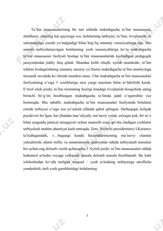 kabi islohotlardan ko‘zda tutilgan maqsad − yosh avlodning tarbiyasiga atroflicha yondashish, turli yosh guruhlaridagi bolalarning i.bob.ta’lim jarayonida estetik tarbiya haqida umumiy tushuncha. 1.1. estetik tarbiyaning mazmuni, mohiyati va ahamiyati. estetik tarbiya keng tushuncha bo‘lib, voqyelikdagi, san'atdagi, tabiatdagi, ijtimoiy va mehnat munosabatidagi, turmushdagi go‘zallikni idrok qilish, tushunishga o‘rgatish, go‘zallikka muhabbat uyg‘otish va hayotga go‘zallikni olib kirish qobiliyatlarini tarbiyalashdir. estetik tarbiya o‘z navbatida bolalarga har tomonlama tarbiya berishning bir qismi hisoblanadi. u ayniqsa, axloqiy tarbiya bilan uzviy bog‘liqdir. san'at va hayot go‘zalligi bilan tanishtirib borish bolaning aqlini, hissini tarbiyalab qolmay, shu bilan bir qatorda uning xayoli va fantaziyasini ham rivojlantiradi. bolalarni go‘zallikka oshno qilish, ularda hayotiy voqyealarni to‘g‘ri tushunish, oliyjanob his-tuyg‘ularni va intilishlarni shakllantirishga yordam beradi. bolalarda go‘zallikni idrok qilishni tarbiyalash orqali ularda boshqa kishilarning kechinmalarini his eta bilish, qayg‘usini birga barham ko‘rish kabi xususiyatlar shakllanib boradi.estetik rivojlanish shaxsning estetik ongi, munosabati va estetik faoliyatining shakllanishi va takomillashuvida uzoq vaqgni talab etadigan …