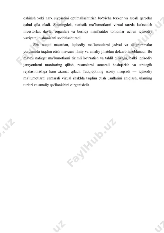 lay formatga keltirishdir. jadvalning mohiyati bir necha jihatlarda namoyon bo‘ladi: 1. tartiblash va strukturalash: jadval ma’lumotlarni qat’iy qator va ustunlarda joylashtirish orqali tizimga soladi, bu esa ma’lumotlarni tez va oson topish, solishtirish imkonini beradi. masalan, bir nechta mahsulotning oyma-oy ishlab chiqarish hajmini ko‘rish yoki soliq tushumlarini bir yildagi davr bo‘yicha taqqoslash. 2. vizualizatsiya va soddalashtirish: katta hajmdagi ma’lumotlar jadval shaklida taqdim etilganda, ular vizual jihatdan aniq bo‘ladi. ma’lumotning murakkab strukturasini bir qarashda tushunish osonlashadi. 3. tahlil va qaror qabul qilishda qulaylik: jadval orqali iqtisodiy, moliyaviy yoki statistik ko‘rsatkichlar o‘zgarishini kuzatish, ulardan kelib chiqadigan tendensiyalarni aniqlash va qaror qabul qilish jarayoni soddalashadi. jadval turlari jadvallar turli maqsad va vazifalarga qarab bir necha turlarga bo‘linadi: 1. oddiy jadval (simple table): oddiy jadval — bu eng sodda shakldagi jadval bo‘lib, odatda ikki yoki uch ustun va bir nechta qatorlardan iborat. masalan, mahsulot nomi va uning narxi, ishlab chiqarilgan miqdori kabi asosiy ko‘rsatkichlarni ko‘rsatish …
