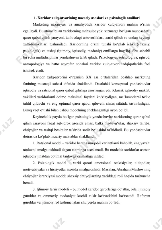 ham maslowning ehtiyojlar ierarxiyasi modeli shaxsiy ehtiyojlarning xariddagi roli haqida tushuncha beradi. 3. ijtimoiy ta’sir modeli – bu model xaridor qarorlariga do‘stlar, oila, ijtimoiy guruhlar va ommaviy madaniyat kuchli ta’sir ko‘rsatishini ko‘rsatadi. referent guruhlar va ijtimoiy rol tushunchalari shu yerda muhim bo‘ladi. 4. shtimulus-reaksiya modeli (s-r) – bu yondashuvda xaridor tashqi stimullarga (reklama, narx o‘zgarishi, dizayn) qanday javob berishini kuzatish orqali xulq-atvorga baho beriladi. 5. qaror qabul qilish modeli (engel-kollat-blackwell modeli) – xarid jarayoni beshta asosiy bosqichdan iborat: muammoni aniqlash, ma’lumot izlash, alternativalarni baholash, xarid qilish, xariddan keyingi xatti-harakat. 6. kognitiv model – xaridorlar o‘z tajribasi, bilimlari, taxminlari asosida ma’lumotni qayta ishlaydi va unga asoslanib qaror qiladi. bu modelda perception (idrok), learning (o‘rganish) va memory (xotira) muhim komponentlar sifatida ko‘riladi. xaridor xulq-atvorining shakllanishida turli omillar ta’sir ko‘rsatadi. ushbu omillarni umumlashtirib, to‘rt asosiy toifaga ajratish mumkin: shaxsiy, ijtimoiy, madaniy va psixologik omillar. har biri xaridorning mahsulot yoki xizmat tanlashdagi qarorlariga bevosita …