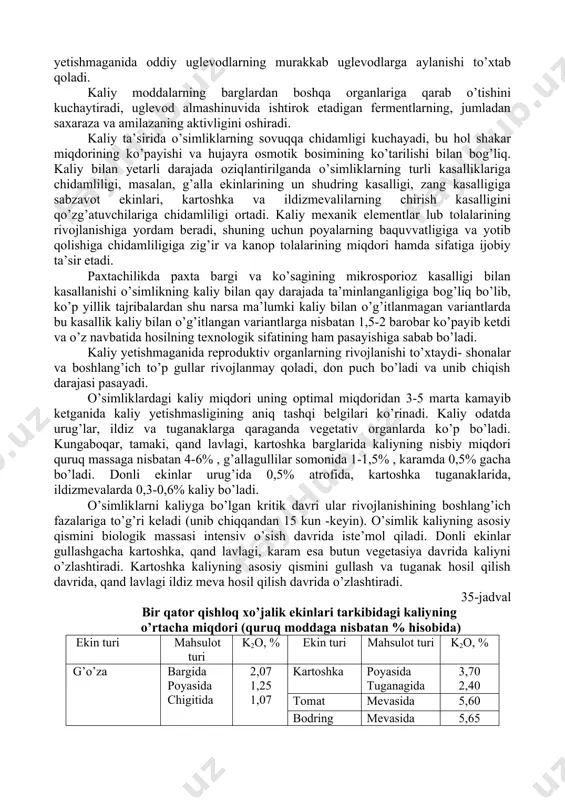 ligini oshiradi. bu esa hujayralardagi moddalar almashinuvi jarayonlari uchun, shuningdek o’simliklarning qurg’oqchilikka chidamliligini oshirish uchun katta ahamiyatga ega. kaliy yetishmaganida va transpirasiya kuchayganida o’simliklar tezda turgorni yo’qotadi va so’lib qoladi. kaliy bilan yaxshi taminlanganda o’simliklarning suvni saqlab turish qobiliyati kuchayadi va qisqa vaqt qurg’oqchilikka bardosh beradi. kaliyning fotosintez, oksidlanish jarayonlari intensivliligi va o’simlikda organik kislotalar hosil bo’lishiga ijobiy ta’sir etishi, uning uglevod va azot almashinuvida ishtirok etishi isbotlangan. kaliy yetishmaganida o’simlikda oqsil sintezi sekinlashadi natijada azot almashinuvi umuman bo’ziladi. kaliy yetishmaganida oddiy uglevodlarning murakkab uglevodlarga aylanishi to’xtab qoladi. kaliy moddalarning barglardan boshqa organlariga qarab o’tishini kuchaytiradi, uglevod almashinuvida ishtirok etadigan fermentlarning, jumladan saxaraza va amilazaning aktivligini oshiradi. kaliy ta’sirida o’simliklarning sovuqqa chidamligi kuchayadi, bu hol shakar miqdorining ko’payishi va hujayra osmotik bosimining ko’tarilishi bilan bog’liq. kaliy bilan yetarli darajada oziqlantirilganda o’simliklarning turli kasalliklariga chidamliligi, masalan, g’alla ekinlarining un shudring kasalligi, zang kasalligiga sabzavot ekinlari, kartoshka va ildizmevalilarning chirish kasalligini qo’zg’atuvchilariga …