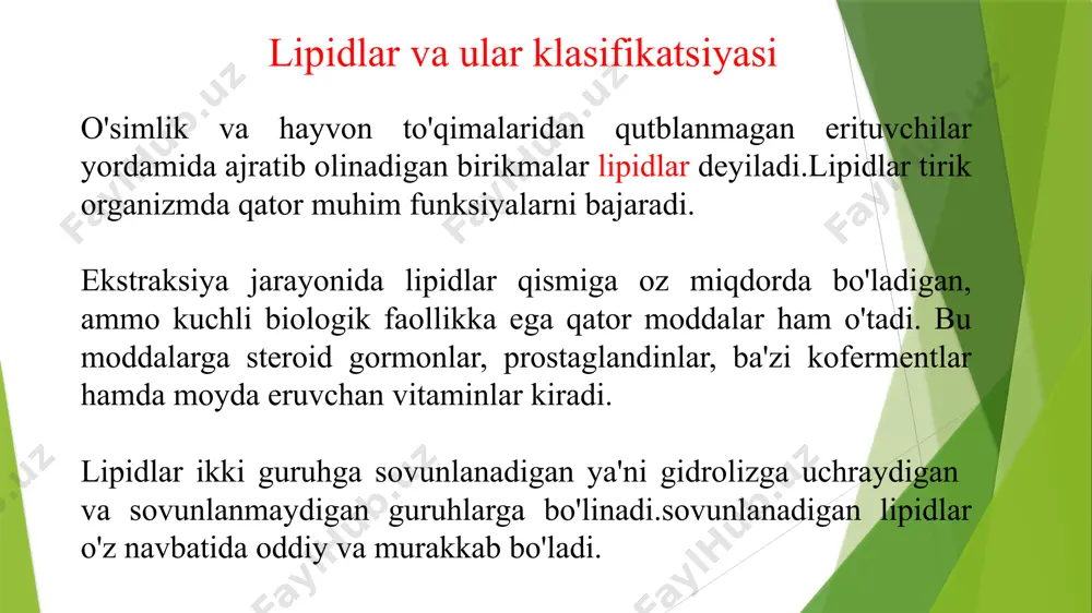 ordam beradi. shuning uchun tabiatda mavjud bo'lgan yog'larning turrlari juda keng ushbu yog' glitserinning oleopalmitostearati deb nomlanadi. bu yog' xalqaro nomlar majmuida 1-oleinoil-2- stearoil- 3-palmitoilglitserin deyiladi. 1-oleinoil-2- stearoil- 3-palmitoilglitserin yog'larning oziqlik qiymati ularning tarkibiga kiruvchi organizmda sintez qilinmaydigan, almashtirib bo'lmaydigan yog' kislotalarining miqdori bilan aniqlanadi. bunday kislotalarga birinchi navbatda linol kislota c17h31cooh kiradi. insonning linol kislotaga sutkalik ehtiyoji 3-6 g ni tashkil qiladi. buncha miqdordagi kislota 12-15 g o'simlik moyida (kungaboqar, jo'xori, paxta) bo'ladi. saryog' tarkibida esa linol kislota kam miqdorda bo'ladi. sutkada 100g saryog' iste'mol qilinsa kishi organizmi faqat 1 g linol kislota oladi. organizm uchun linol kislotaning biologik ahamiyati uning fazoviy konfiguratsiyasida (oll-sis izomer) bo'lib,organizmda u araxidon kislotaga aylanadi. araxidon kislota c19h31cooh o'z navbatida garmonal faollikning modulyatorlarini prostoglandinlarni olish uchun mahsulot hisoblanadi. prostoglandinlar mushaklar qisqarishini kuchaytiradi qon bosimini pasaytiradi, organizmda garmonlar faoliyatini tartibga solib turadi. o'sib borayotgan yosh organism to'yinmagan yog' kislotalar yetishmovchiligiga juda ta'sirchan bo'ladi. bu yetishmovchilik …