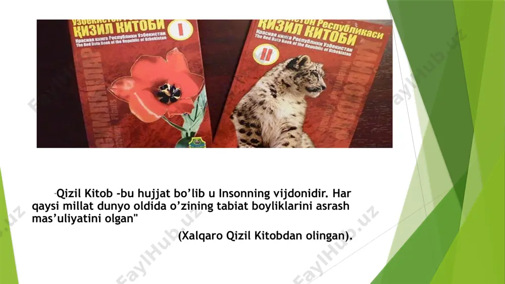 ylashgan. seversov qo’chqori populyatsiyasini saqlab qolish uchun tashkil etilgan,bundan tashqari: suvsar, cho’l mushugi, sassiqko’zan,uzun ignali kirpi ham uchraydi xulosa hayvonot dunyosi tabiat boyliklarining bir qismi bo’lib, jamiyatda inson hayotida iqtisodiy va ekologik ahamiyatga ega. jumladan sutemizuvchilarning ahamiyati nihoyatda kattadir. bugungi kungacha yer yuzida turli noyob hayvonlar insonning noto`g`ri munosabati va tazyiqi oqibatida butunlay yo`qolib ketgan va yo`qolish havfi ostida turibdi. ana shunday ayanchli oqibatlarning oldini olish va bioxilma-xillikni saqlab qolish uchun alohida muhofaza qilinadigan hududlar tashkil etilgan. biz o’nlab qo’riqxonalar, tabiiy milliy bog’lar tashkil qilmaylik, inson tabiatni muhofaza qilish ishiga vijdon bilan yondashmasa barcha harakatlar behuda ketadi. tabiatni kelgusi avlodlar uchun tabiiy, buzilmagan holda saqlab qolish – bizning insoniy burchimizdir. image1.jpeg image2.png image3.png image4.png image5.png image6.png image7.png image8.png image9.png image10.png image11.png image12.png /docprops/thumbnail.jpeg