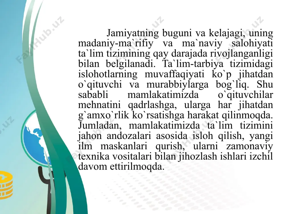 hi, umrini zurriyodlarini asrab-avaylab, voyaga etkazishga bag`ishlagan zot. dedim: — komili ustoz kim? dedi: — o`zida zoxiriy va botiniy go`zallikni mujassam etgan zot. dedim: — qanday ustoz shogirdi uchun ibrat bo`la oladi? dedi: — pok orzulariga uning o`zidek ishonsa, muvaffaqiyatiga undan-da ortiq quvonsa… shogirdining har bir ishiga mehrli va e`tiborli bo`lsa. ota kim ? ustoz kim ? sharq allomalarining yondashuvi “o`qituvchi va rahbarning vazifasi dono davlat rahbari vazifasiga o`qshaydi, shu sababli o`qituvchi eshitgan va ko`rganlarining barchasini eslab qolishi, aql-farosatga, chiroyli nutqga ega bo`lishi, o`quvchilarga aytmoqchi bo`lgan fikrini to`la va aniq ifodalay olishi lozim. shu bilan birga o`zi ornomusini qadrlash, adolatli bo`lishi lozim. anashundagina u insoniylikning yuksak darajasiga ega bo`ladi va baxt cho`qqisiga erishadi” abu nasir al farobiy rivoyat qilinishicha, imom buxoriy (rahmatullohi alayh) xazratlari makkai mukarramada ta`lim berayotgan chog`da bir ziyoratchi buxoroi sharifdagi ustozlardan salom va maktub keltiradi. bu xabarni eshitgan imom buxoriy (r.a.) buxoroi sharif tomonga yuzlanib, salomiga alik …