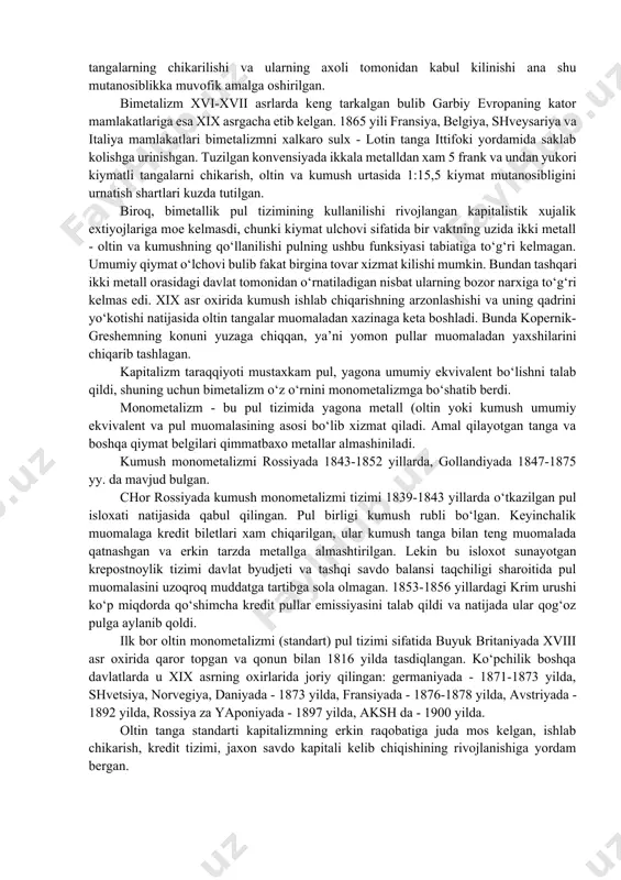 o‘lov hujjatlarini va vositalarini hamda ulardan foydalanish tartibini qonunchilik hujjatlarida belgilab qo‘yilishi kiradi. pul tizimining ikkita jihati mavjud: 1. funksional jihat(aspekt) - pul tizimi funksiyanal jihatidan pul muomalasidan tashkil qilish prinsiplari, shakllari va usullarining yig‘indisidir. 2. institutsional jihat - institutsional jihatdan pul tizimi pul muomalasini tashkil qiluvchi va tartibga soluvchi institutlarning yig‘indisidir. bunday institutlarga markaziy bank, tijorat banklari, kliring markazlari, hisob uylari kabi muassasalar kiradi. pul tizimini tashkil qilish quyidagi prinsiplar asosida amalga oshiriladi 1. pul tizimining barqarorligi va elastikligi prinsipi. pul tizimining barqarorligi deganda pulning barcha funksiyalarini to‘liq bajarilishini ta’minlash tushuniladi. pul tizimining elastikligi deganda pul tizimining iqtisodiyotning pul mablag‘lariga bo‘lgan talabini o‘zgarishiga o‘z vaqtida javob bera olishiga aytiladi. 2. muomalaga chiqarilgan pullarning ta’minlanganlik prinsipi. xx asrning 70-yillariga qadar muomalaga chiqarilgan naqd pullar oltin bilan ta’minlanar edi. muomaladagi har bir aqsh dollari 1$=0.88 gramm sof oltin asosiga ega edi. 1 unsiya = 35$ bahoda almashtirib berdi. 1 unsiya = …