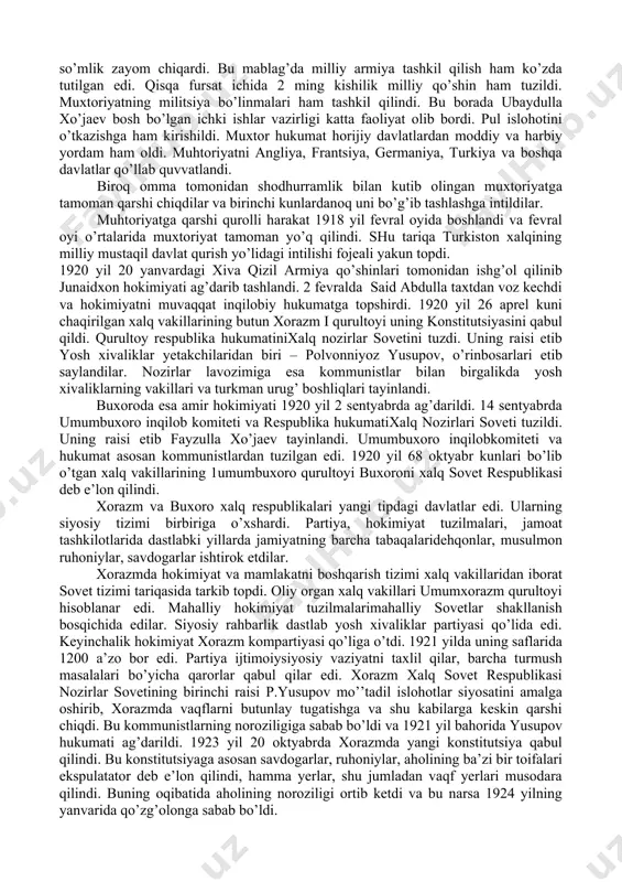 rkiston xalq majlisi»ga topshirdi. o’lka musulmonlarining favqulodda iv qurultoyi muvaqqat kengash a’zolaridan xukumat tuzilishi va uning tarkibini 12 kishidan iborat bo’lishligi belgilab berdi. xalq majlisi tarkibi 54 nomzoddan iborat bo’lishligi ko’rsatildi. uning tarkibiga shaharlarning mahalliy boshqarmalaridan ham 4 vakil kiritiladigan. qurultoyda muvaqqat hukumat saylandi. uning tarkibiga 8 kishi kiritildi. muhammad tinishboev bosh vazir etib saylandi. qurultoy muhtoriyatning kelgusidagi faoliyati muhokama qilindi. bunda iqtisodiy va harbiy masalalar asosiy o’rinda turar edi. turkiston muxtor jumxuriyati mafkurasining negizini islom dini g’oyalari tashkil etishi qurultoyda alohida ta’kidlandi. 1917 yil 8 dekabrda turkiston muxtoriyati muvaqqat hukumatining xalqqa murojaatnomasi e’lon qilindi. murojaatda turkiston xalqining istagiga muvofiq turkiston rossiya tarkibidagi muxtor jumxuriyat deb e’lon qilinganligi qayd etilgan edi. murojaat o’lka xalqlari tomonidan zo’r quvonch bilan qabul qilindi. muhtoriyat e’lon qilingan kundan boshlab u omma o’rtasida o’zining siyosiy faoliyatini avj oldirdi. xukumat moliyaviy ahvolini yaxshilash uchun 30 million so’mlik zayom chiqardi. bu mablag’da milliy armiya tashkil qilish ham …