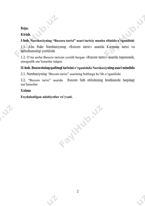 oylari, uning toponimikasi va etnografiyasi, tabiati xususida hikoya qiluvchi tarixiy manba hisoblanadi. aynan biz yashayotgan hudud tarixiga oid manbalar mavjudligi bois tarix darslarida ushbu asarni o’rganish muhim ahamiyat kasb etadi degan maqsadda kurs ishi yozish uchun biz bu mavzuni tanladik. shuningdek, mavzu shunchaki tarixiy manbalarga asoslanib tarix darslarini mukammal o’rganish imkoniyatini bermasdan, balki, jahon tarixiga oid ayrim mavzularni ham ushbu asardan foydalanib tayyorlashga bizga yordam berajagini maktabda amaliyot o’tash jarayonida sinov darslari o’tib tajribada ko’rganmiz. tarixdan ma’lumki ushbu asar buxoro tarixi yozilgan asarlarning eng qadimiysi hisoblanib keladi bu asarning asl nusxasi bizgacha yetib kelmagan. buxoro yurtimizning qadimiy viloyati hisoblandi. bu viloyat yurtimiz tarixan qadimiy ekanini anglatuvchi yaqqol misol hamdir. prezidentimiz shavkat miromonovich mirziyoyev 2018-yil buxoroga qilgan tashrifida shaharni yangilashda bir qancha o’zgarishlar va tarixiy maskanlarni yanada obodonlashtirish bo’yicha ko’rsatmalar berdi bulardan - poyi kalon majmuasidagi tarixiy obidalarni ta’mirdan chiqarish bo‘yicha loyihalar ishlab chiqildi. bundan tashqari, xo‘ja nurobod ko‘chasida joylashgan abdulazizxon …