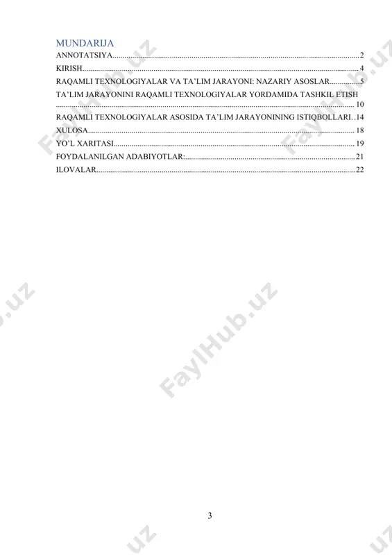 vzu nafaqat ilmiy jihatdan, balki amaliy jihatdan ham muhim hisoblanadi, chunki u jamiyat taraqqiyotining asosiy ko‘rsatkichlaridan biri bo‘lgan bilim olish sifatiga bevosita taʼsir ko‘rsatadi. raqamli texnologiyalar va ta’lim jarayoni: nazariy asoslar raqamli texnologiyalar (digital technologies) - bu ma’lumotlarni saqlash, uzatish va qayta ishlashda elektron qurilmalar, dasturiy ta’minotlar, tarmoqlar va interfeyslar orqali amalga oshiriladigan texnologiyalar majmuasidir. ular ma'lumotlarni raqamli formatda ifodalash va ularga ishlov berish imkonini beradi. raqamli texnologiyalar o‘z ichiga kompyuterlar, internet, mobil qurilmalar, sun'iy intellekt, virtual reallik (vr), kengaytirilgan reallik (ar), bulutli texnologiyalar, tarmoq qurilmalari va boshqa zamonaviy vositalarni oladi. raqamli texnologiyalarning asosiy turlari: 1. kompyuter texnologiyalari: kompyuterlar va serverlar - ma’lumotlarni qayta ishlash va saqlash uchun asosiy qurilmalar bo‘lib, ular turli dasturlar orqali o‘quv jarayonini boshqarishda qo‘llaniladi. kompyuter texnologiyalari ta'limda darsliklar, interaktiv materiallar, dasturiy ta'minotlar va platformalarni yaratishda foydalaniladi. 2. internet texnologiyalari: internet – global tarmoq orqali ma’lumot almashish va muloqot qilishning asosiy vositasidir. onlayn ta’lim platformalari (google …