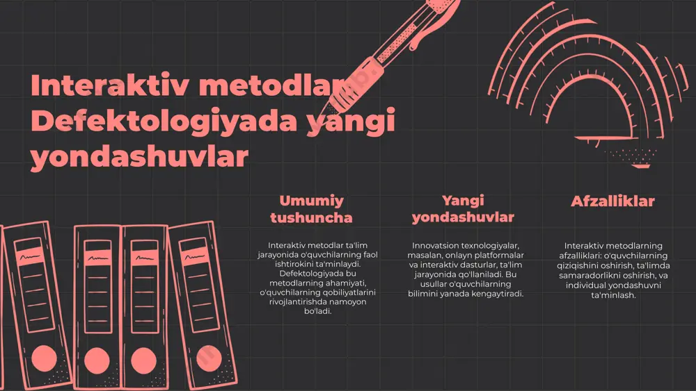 lar uchun o'zaro aloqalarni va faol ishtirokni ta'minlaydi. bu usullar, muammolarni hal qilishda samarali yechimlar taklif qiladi va o'qituvchining rolini kuchaytiradi. samaradorlikni oshirish usullari 1. o'zaro muhokama o'tkazish. 2. guruhlar orasida rol o'ynash. 3. amaliy mashg'ulotlar va seminarlar o'tkazish. 4. o'qituvchi va talabalar o'rtasida feedbackni ta'minlash. interaktiv metodlar: amaliy tahlil interaktiv metodlar o'quvchilarning bilim va qobiliyatlarini baholashda samarali vosita sifatida xizmat qiladi. bu usullar yordamida o'quvchilar o'z fikrlarini ifoda etish va muammolarni hal qilish ko'nikmalarini rivojlantiradilar. talabalarning faol ishtiroki natijalarni ijobiy ta'sir qiladi. o'quvchilarning ishtiroki, guruhlarda ishlash va bir-biridan o'rganish orqali o'zaro munosabatlarni kuchaytiradi va o'qish jarayonini yanada qiziqarli qiladi. kelajakda interaktiv metodlar ta'limda yanada kengaytirilishi kutilmoqda. bu yondashuvlar o'quv jarayonini yaxshilash va talabalarning shaxsiy rivojlanishiga yordam berishga xizmat qiladi. xulosa interaktiv metodlar defektologiyada o'quv jarayonini osonlashtiradi va qiziqarli qiladi. ushbu metodlar o'quvchilarning ta'lim jarayonidagi faol ishtirokini oshiradi. innovatsion texnologiyalar yordamida ta'lim samaradorligini oshirish mumkin. bunday yondashuvlar kelajakda yangi metodlarni …