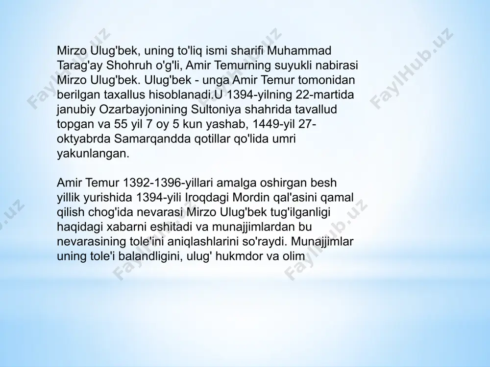 aylanaga ichki chizilgan ko'pburchakning burchaklari soni 3 228 gacha yetkaziladi va undan: 2n = 6,283 185 307 179 586 5 keltirib chiqarilgan. jadval tuzishdan oldin ulug'bek observatoriyasida to'plangan kuzatish natijalari statistik usulda umumlashtirilib, korrelyatsiya qilingan va yakuniy xulosalar chiqarilgan. shuningdek, mazkur observatoriyaning qulay imkoniyatlaridan samarali foydalangan .ulug'bek akademiyasi olimlari yulduz yilining ham eng aniq qiymatini hisoblab topishadi: bu qiymat 365 sutka, 6 soat, 10 minut, 8 sekundga tengdir. bu qadar aniq xulosalarni olishda ishlatilgan matematik, trigonometrik va astronomik usullar hanuzgacha jumboqligicha qolmoqda. ulug'bekning aqliy qobiliyati, xususan, mantiqiy fikrlash tarzi ham nihoyatda kuchli bo'lgan. mashhur shoir va adib zayniddin mahmud vosifiy(1485-1566)ning[5] yozishicha, ulug'bek haftaning bir kunida fuqarolarni shaxsiy iltimoslari bo'yicha qabul qilar ekan va bunday qabul kunlari fuqarolarning o'ta chigal muammolarini ham juda ustalik bilan yechib bera olganligini zamondoshlari hayrat bilan esga olishadi[6]. ulug'bekning tafakkuri nafaqat tabiiy fanlar, xususan, matematika ilmini, balki ijtimoiy-siyosiy hodisalarni ham to'g'ri tahlil etishga qodir analitik tafakkur …