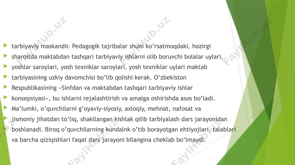 tarbiya amalga oshiriladigan muhitdir. o’zbek oilasi o’zida ko’p asrlik mustahkam ma’naviy qadriyatlarimiz ravnaq, topadigan shunday maskanki, uning barqarorligi va mustahkamligi jamiyatimiz rivojining muhim omillaridan biridir. agar oiladagi muhit sog’lom bo’lsa, unda kamol topayotgan yosh avlod qalbi va ruhiga shu xususiyatlar, milliy va umuminsoniy qadriyatlarni, milliy istiqlol g’oyasini singdirish uchun qulay sharoit yaratilgan bo’ladi. oila manfaatlarini ta’minlash borasida 1998 yilda qabul qilingan va muvaffaqiyatli amalga oshirilayotgan tadbirlar to’g’risida davlat dasturi va ushbu dasturda belgilangan tadbirlarning strategik yo’nalishlariga e’tibor berilsa, ular mamlakatimizdagi oilalarning mustahkam bo’lishiga imkon beruvchi vazifalarni nazarda tutadi. 1998 yilning «oila yili» deb e’lon qilinishi va shu yilning o’zida oila kodeksining qabul qilinishi hamda mamlakatimiz tarixida ilk bor tashkil etilgan respublika «oila» ilmiy-amaliy markazining maqsadi ham davlatimizning oilani har tomonlama mustahkamlash, himoya etish borasidagi siyosatga hamohang bo’lib, oilaga taalluqli boy va sermazmun milliy an’analarni avaylab-asrash, ularni umuminsoniy qadriyatlar bilan uyg’unlashtirish, oila va nikohning muqaddasligini yosh avlod ongiga chuqur singdirish yo’li …