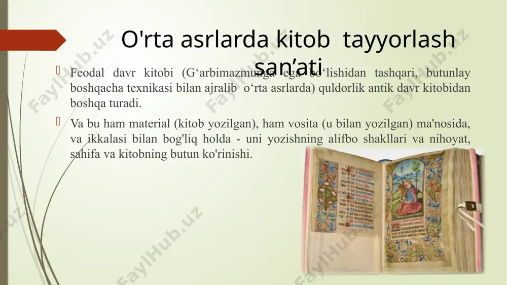 m. ushbu mavzu bo'yicha tadqiqot ishlari jarayonida men kitobning tarixi, yaratilish bosqichlari haqidagi bilimlarimni kengaytirishga muvaffaq bo'ldim, tadqiqot boshida ilgari surilgan gipoteza tasdiqlandi: agar biz kitobning tarixi va jarayonini o'rgansak. kitob yaratish, biz o'z kitobimizni yaratishimiz mumkin. foydalanilgan adabiyotlar жан ж. история письменности и книгопечатания / ж. жан. м., 2005. зотов с. страдающее средневековье. парадоксы христианской иконографии / с. зотов, м. майзульс, д. харман. м., 2018. искусство западноевропейской рукописной книги v–xvi вв. : каталог /гос. эрмитаж. спб., 2005. история письма: эволюция письменности от древнего египта до нашихдней / cост. к. королева ; пер. с нем. г.м. бауэра, и.м. дунаевской. м. ;спб., 2002. каждан а.п. книга и писатель в византии / а.п. каждан. м., 1973. кацпржак е.и. история письменности и книги / е.и. кацпржак. м., 1955. киселева л.и. западноевропейская рукописная и печатная книга xiv–xv вв. / л.и. киселева. л., 1985. киселева л.и. о чем рассказывают средневековые рукописи: рукописная книга в западной …