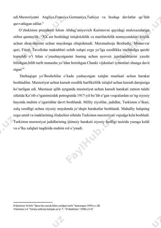 o’lboshchilar o’kada yashayotgan xalqlar manfaati uchun harakat boshladilar. muxtoriyat uchun kurash ozodlik hurfikirlilik istiqlol uchun kurash darajasiga ko’tarilgan edi. muxtasar qilib aytganda muxtoriyat uchun kurash harakati zamon talabi sifatida ko’rib o’tganimizdek petrogratda 1917-yil bo’lib o’gan voqealardan so’ng siyosiy hayotda muhim o’zgarishlar davri boshlandi. milliy ziyolilar, jadidlar, turkiston o’lkasi, xalq ozodligi uchun siyosiy maydonda jo’shqin harakatlar boshlandi. mahalliy halqning ezgu umid va istaklarining ifodachisi sifatida turkiston muxtoriyati vujudga kela boshladi. turkiston muxtoriyat jadidlarining ijtimoiy harakati siyosiy faolligi tasirida yuzaga keldi va o’lka xalqlari taqdirida muhim rol o’ynadi. turkiston xalqining muxtoriyatchilik harakatiga hayrihohligi. qo’qon shahrida turkiston musulmonlarining favqulotda iv qurultoyi bo’lib o’tganligi va unda turkiston muxtoriyatini tashkil etilgani to’g’risidagi habar butun o’lka mehnatkashlari ommasi o’rtasida keng tarqaldi va katta qiziqish uyg’otdi. muxtoriyat xalqning ko’p yillik orzu umidlari ro’yobga oshiruvchi kuchdek xalq ommasi ko’z o’ngida namoyon bo’lgan edi. muxtoriyatni qo’llab- quvvatlab ko’p joylarda miting va namoyishlar uyishtirildi. jumladan 1917-yil 6-dekabrda toshkent shaxridagi eski …