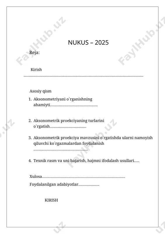 kurasi, shuningdek uning goyalariga mos keladigan manaviyat talablari asosida amalga oshiriladi. ayniqsa, yoshlarning kasb-korga yonalish olishini togri tashkil qilish asosan umumtalim maktablarida hal qilinadi. bu oz navbatida, oqish-oqitish, talim-tarbiya tizimini islohotlar qonuniyatlari bilan bogliq holda korib chiqishni taqozo etadi. 1993 yil 2 iyulda qabul qilingan ozbekiston respublikasining «talim togrisida» gi qonunida xuddi osha talab va qoidalar oz ifodasini topgan. kurs ishining vazifasi. buyumning shaklini va olchamlarini tekislikda aniq korsatadigan tasvir chizma deb ataladi. texnik chizmalarni togri chizish usullari, shuningdek, chizma xojaligining barcha sohalarini togri tashkil qilish haqidagi fan chizmachilik deyiladi. xalq xojaligining tarmoqlariga qarab,undan foydalaniladigan chizmalar har xil nom bilan ataladi. masalan, turli mashina va mexanizmlarning detallarini yasash uchun tuzilgan chizmalar mashinasozlik chizmalari deyiladi va ularni chizish usullarini orgatadigan qismi mashinsozlik chizmachiligi deyiladi. bino va inshootlar qurishda ishlatiladigan chizmalar qurilish chizmalari deyiladi . chizmada buyum toliq va yaqqol aks ettirilishi uchun chizma geometriya qonuni va qoidalariga asosan bajarilgan bolishi kerak. …