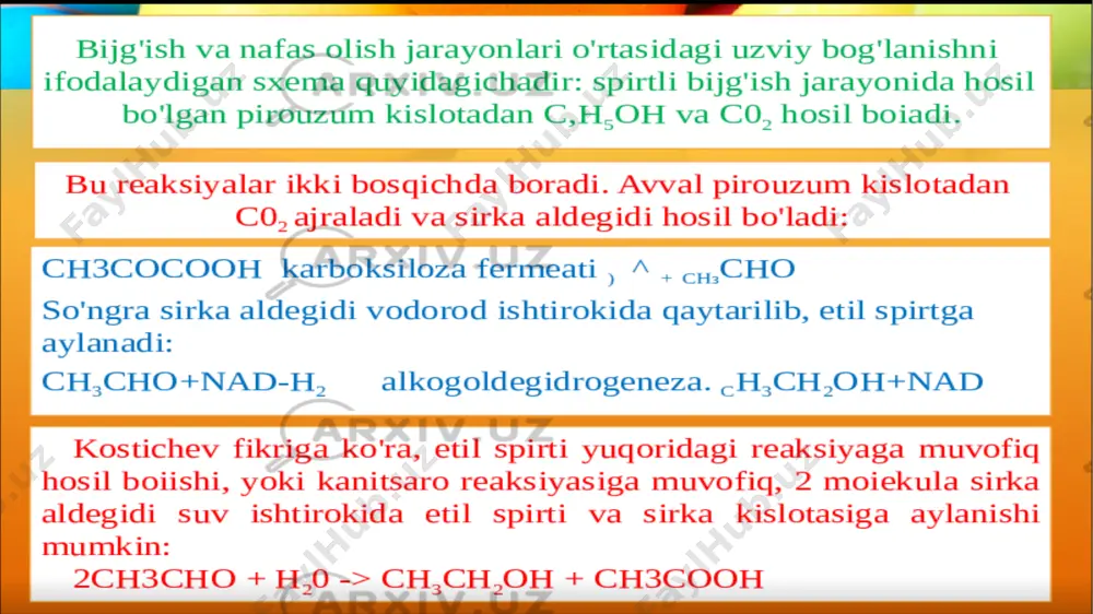 ni chirituvchi bakteriyalar ta`siridan saqlash maqsadida, qatiq va boshqa mahsulotlar tayyorlashda sut kislotali bijg`psh protsessidan foydalannladi. sut tarkibida oziq moddalar ko’p bo’lganligi sababli unda turli-tuman bakteriyalar ham tobora ko’payaveradi. shunang uchun qatiq ivitiladigan bo’lsa, sut pasterlanadi, ya`ni yarim soat davomida 70—75° gacha isitiladi. u sovitilgandan so’ng unga sutni bijg`ituvchi bakteriyalar achitqisi qo’shib aralashtiriladi. pasterlangan sutdan ivitilgan qatiq juda shirin va qimizak mazali bo’ladi. kefir va qimiz tayyorlash ishlari ham sut kislotali bijg`ish asosida bajariladi. kefir va qimiz tayyorlashda sut kislotali va spirtli bijg`ish protsesslariniko’zg`atuvchi tirik mikroorganizmlardan foydalaniladi. qimiz tarkibida 2% spirt va 1% sut kislota bo’lgani holda, kefir tarkibida ularning har qaysisi 1% ni tashkil qiladi. qimiz va kefir tarkibida spirt ko’proq to’planishini ta`minlash maqsadida odam faoliyatida sut kislotalp bijg‘ish protsessi qadimdan qо‘llanilib kelingan bо‘lsa-da, uning biologik protsess ekanligini va unda tirik organpzmlar ishtirok etishini 1960 yilda lui paster isbotlab berdi. bu protsess manosaxaridlar parchalanib, ikki molekula sut kislota hosil …