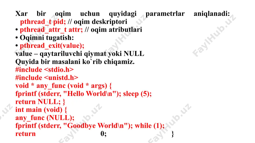 ndition) bo‘lmasligi uchun sinxronizatsiya zarur. mutex (o‘zaro istisno): oqimlarning navbat bilan umumiy resursga murojaat qilishini ta'minlaydi. pthread_mutex_init() pthread_mutex_lock() pthread_mutex_unlock() pthread_mutex_destroy() condition variable (shartli o‘zgaruvchi): oqimlar ma’lum holat yuz berishini kutadi. pthread_cond_wait() pthread_cond_signal() pthread_cond_broadcast() oqimlar bilan ishlashda muammolar muammo tavsif deadlock ikki yoki undan ortiq oqim bir-birini kutib qolishi race condition resursga bir vaqtning o‘zida murojaat qilish starvation ba’zi oqimlarga doimiy navbat yetmasligi zamonaviy kompyuter tizimlarida oqimlar (threads) haqida yangi qarashlar 1. ko‘p yadroli (multi-core) tizimlar va oqimlar bugungi kompyuter va serverlar, hatto mobil telefonlar ham multi-core arxitekturaga ega. bu shuni anglatadiki: har bir oqim alohida cpu yadrosi tomonidan bajarilishi mumkin. parallelizm (bir vaqtning o‘zida bajariladigan vazifalar) orqali ish samaradorligi oshadi. zamonaviy dasturlar (brauzerlar, ide’lar, sun’iy intellekt ilovalari) oqimlardan faol foydalanadi. yuqori samarali hisoblash (hpc) va oqimlar katta hajmdagi hisob-kitoblar uchun oqimlar bilan quyidagilar amalga oshiriladi: parallel hisoblash: ilmiy modellashtirish, statistik hisoblash, simulyatsiyalar. oqimlar klasterli hisoblashda gpu va cpu yadrolarini to‘liq …