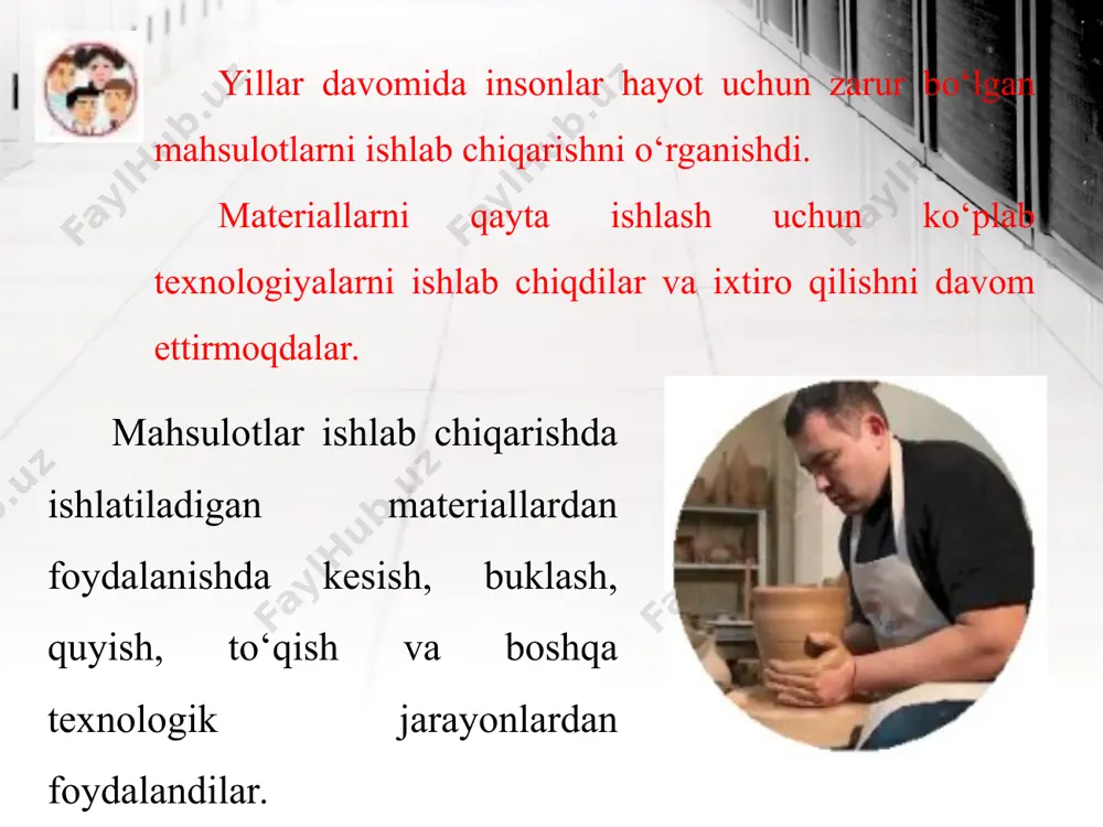 b chiqarish bilan mashinada ishlab chiqarishning farqi nimada? materialning shakli, hajmi va turini o‘zgartiradigan asboblarga ishlov berish vositalari deyiladi. suratda berilgan qaychilarning vazifalarini ayting. maishiy xizmat qaychilari bilan birgalikda sanoatda ishlatiladigan qaychilar ham bor. ular gidravlik qaychilar deb ataladi. bunday qaychilar turli qalinlikdagi har qanday metal mahsulotlarni qirqishda ishlatiladi. suratda ko‘rsatilgan ignalar qayerda ishlatiladi? chilangarlik asboblari metallga ishlov berish uchun mo‘ljallangan qo‘l va elektr asboblariga bo‘linadi. kesuvchi stanok charx stanogi duradgorlik asboblari yog‘ochga ishlov berish uchun mo‘ljallangan qo‘l va elektr asboblariga bo‘linadi. elektr randa elektr arra pardozlaydigan stanok o‘lchash-belgilash aboblari qishloq xo‘jalik asboblari qurilish asboblari