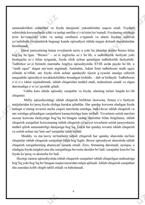 asi” degan ma’noni anglatadi. jumladan, adam smit tadbirkorni mulk egasi sifatida ta’riflab, uni foyda olish uchun qandaydir tijorat g`oyasini amalga oshirish maqsadida iqtisodiyot tavakkalchilikka boradigan kishidir, - deb ta’kidlaydi. tadbirkorni o`zi o`z ishini rejalashtiradi, ishlab chiqarishni tashkil etadi, mahsulotni sotadi va olgan daromadiga o`zi xo`jayinlik qiladi. ushbu kurs ishida iqtisodiy xarajatlar va foyda, ularning turlari haqida ko`rib chiqamiz. milliy iqtisodiyotdagi ishlab chiqarish birliklari (korxona, firma) o‘z faoliyati natijalaridan ko‘proq foyda olishga harakat qiladilar. har qanday korxona oladigan foyda nafaqat o‘zining tovarini ancha yuqori narxlarda sotishga, balki tovar ishlab chiqarish va uni sotishga qilinadigan xarajatlarni kamaytirishga ham intiladi. tovarlarni sotish narxlari asosan korxona faoliyatiga bog‘liq bo‘lmagan tashqi sharoitlar bilan belgilansa, ishlab chiqarish xarajatlari korxonaning ishlab chiqarish va tayyor tovarlarni sotish jarayonlarini tashkil qilish samaradorligi darajasiga bog‘liq. lekin har qanday tovarni ishlab chiqarish va sotish uchun ma’lum sarf xarajatlar talab etiladi. moddiy va ma`naviy ne'matlarni ishlab chiqarish har qanday sharoitda ma'lum chiqimlar …