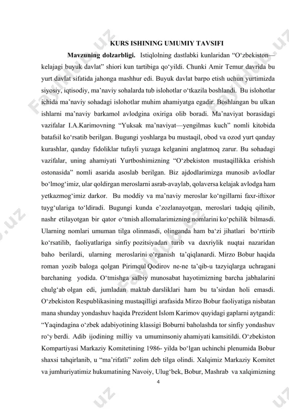 gi asrning boshlariga kelib esa keng ko‘lamda chuqur ilmiy tadqiqotlar boshlandi. bu esa bobur obrazining talqinlarida tadrijiy o‘zgarishlarni ko‘rsatdi. tadqiqotda ishning aynan shunday qo‘yilishi ishning ilmiy yangiligini belgilaydi tadqiqotning maqsadi. ushbu kurs ishdan ko‘zlangan maqsad ko‘plab shoirlarimiz o‘z she’rlarida bobur obraziga qayta-qayta murojaat qilishdi. talqinlar yillar davomida o‘zgardi. bobur shaxsidagi fazilatlar ijtimoiy ehtiyojlar bilan bog‘liq tarzda qaytadan badiiy talqin etildi. oldimizga qo‘ygan asosiy maqsadimiz shohligi shoirligidan, shoirligi shohligidan ulug‘ bo‘lgan mirzo boburning asl qiyofasini, buyuk qiyofasini ochib berishga intilishdir. tadqiqotning obyekti va predmeti. tadqiqotimizning asosiy obyekti sifatida o‘zbek she’riyatidagi bobur shaxsi yoritilgan she’rlar va ruboiylar olindi. shuningdek, o‘rni bilan ilmiy tadqiqotlar mujassam bo‘lgan boburshunos olimlarning monografiyalaridan ham foydalanildi. tadqiqotning metodologik asoslari va tadqiq usullari. bobur siymosini o‘rganishimizda abdulla oripov, muhammad yusuf, sirojiddin sayyid singari shoirlarimizning she’rlari, pirimqul qodirov, xayriddin sultonov kabi yozuvchhilarimizning “yulduzli tunlar”, “oy botgan pallada”, “boburiynoma” kabi asarlari, vahob rahmonov, iqboloy adizova, karomat mullaxo’jayeva kabi olimlarning ilmiy-nazariy qarashlari …