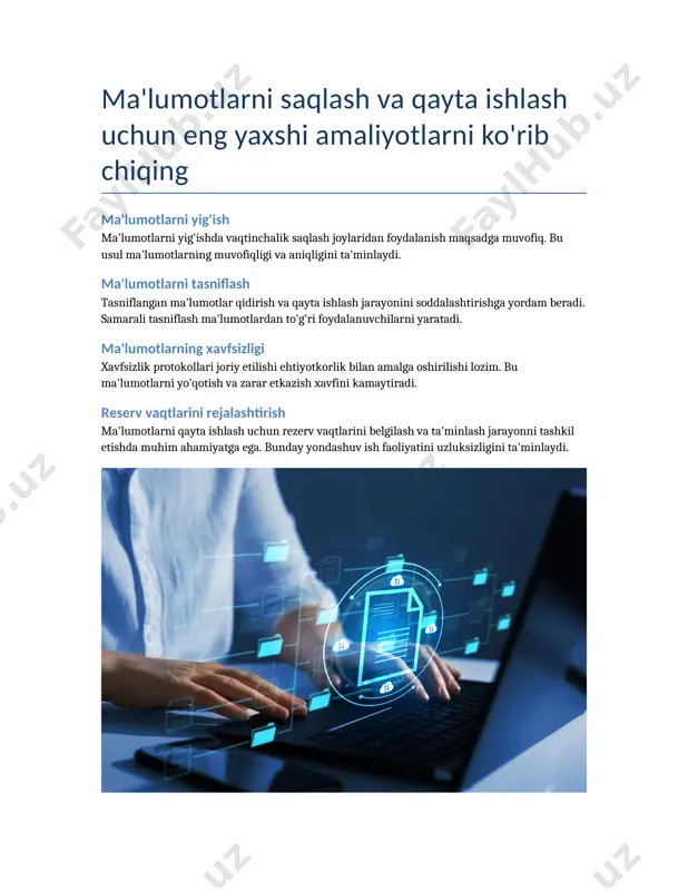 g sirligini saqlashga yordam beradi. bu usulga ko'ra ma'lumotlar faqat to'g'ri kalit bilan o'qilishi mumkin. sistemalashgan kirish nazorati sistemalashgan kirish nazorati foydalanuvchilarning kuzatuvini kuchaytiradi. huquqlarni aniqlash va ularni monitoring qilish xavfsizlikni oshiradi. xavfsizlik devorlari xavfsizlik devorlari ma'lumotlar bazasini tashqi tahdidlardan himoya qiladi. ular ma'lumotlar bazasiga kirishni boshqarishga yordam berishi mumkin. ma'lumotlarni zaxiralash va tiklash strategiyalarini o'rganing zaxiralashning ahamiyati ma'lumotlarni zaxiralash, ularning yo'qolishi yoki shikastlanishining oldini olishda muhim rol o'ynaydi. zaxira turlari zaxira turlari ichida lokal zaxira, bulutli zaxira va raqamli zaxira mavjud bo'lib, har birining o'ziga xos afzalliklari bor. tiklash jarayoni ma'lumotlarni tiklash jarayoni zaxirani to'g'ri tanlash va ularni qayta tiklash niyatida sinovdan o'tkazishni talab qiladi. rejalashtirish va muntazamlik zaxiralash va tiklash strategiyalarini muvaffaqiyatli amalga oshirish uchun muntazam ravishda rejalashtirish va nazorat qilish zarur. ma'lumot bazasi optimallashtirish texnikalarini qo'llashni o'rganing indekslar indekslar ma'lumotlarni tez va samarali qidirish uchun muhimdir. ularning yordamida ma'lumot bazasi so'rovlari tezroq bajariladi va umumiy ishlashni yaxshilaydi. …