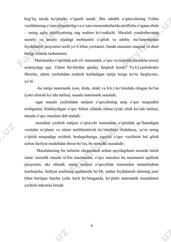 di, uning atrofida qolgan barchasi guruhlanadi, zero o‘quv masalani yechish o‘qitish maqsadi sanaladi. shundan ko‘rinadiki, o‘qituvchi (talaba)ning bu tizim qurilishini tushunishi uning o‘quv jarayonini tashkil qilish bo‘ycha faoliyatini anchagina tartibga soladi, uni o‘qitish maqsadlariga erishishda maqsadli yo‘naltiradi. bu masalalarning dastlabki tizimi; u o‘qituvchi faoliyatining ham vositasi ham atroflicha namoyon bo‘ladi. bu tizimga nisbatan tegishli umumlashma malakalarni egallash – o‘qituvchi kasbiy tayyorgarligining, ayniqsa o‘quvchilarning o‘quv faoliyati konseptsiyasida amalga oshiriladi rivojlantiruvshi ta’lim sharoitida zaruriy va juda muhim sanaladi. matematika o‘qitishda masalalardan foydalanish tarixidan quyidagi bosqichlarni keltirish mumkin: -matematikani masalalar yechishga o‘rgatish maqsadida o‘qitish; -matematikani masalalar yechish bilan birga o‘qitish; -masalalar yechish orqali matematika o‘qitish. bu bosqichlar mohiyati o‘qitish maqsadlari, ta’limning yangi kontseptsiyalari, matematik ta’lim maqsadlari bilan belgilanadi. birinchi bosqich xususiyatlarida matematika - masala yechish, asosan bank hisobi, savdogarlik bitimlariga oid masalalarni yechish uchun kerak. ikkinchi bosqich mazmuni avvalo matematika o‘qitish metodikasi haqidagi fanning nazariy materialni o‘zlashtirish vositalari, usullarini izlash bilan shug‘ullanishi kerak, …