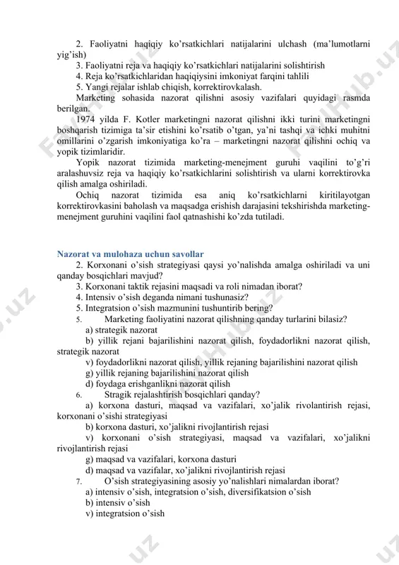 nima hisobiga daromad topaetganligini va qaysi o’rinlarda uni yo’qotaetganligini aniqlashdan iborat. strategik nazoratning maqsadi esa haqiqatdan ham firma o’zidagi marketing imkoniyatlarining eng yaxshilaridan foydalanayaptimi yoki yo’qmi ekanligi aniqlanadi. marketing taktikasi strategiyasidan farq qilgan holda bosh maqsadda firma mahsulotiga bo’lgan iste’molchilar talabini shakllantirish va qondirish tamoyillarini hamda kon’yunktura sharoitlarini ifodalaydi. marketing taktikasi ma’lum bir muddatdagi aniq tovar nomenklaturasi bo’yicha hamda aniq bozorda firma maqsadlarini ishlab chiqish va amalga oshirish bilan bog’liqdir. marketingni strategik, taktik va operativ rejalarini ishlab chiqish jarayonida rejalashtirishning turli xil uslublaridan foydalaniladi. ular bir-biridan muddati bo’yicha farq qiladi va uzoq muddatli, o’rta muddatli va qisqa muddatli bo’ladi. uzoq muddatli marketingni rejalashtirish uslubiga portfel tahlil, morfologik tahlil, delfi uslublarini kiritish mumkin. o’rta muddatli marketingni rejalashtirish uslublariga tarmoqli rejalashtirish texnikasi, maqsadli daraxt bo’yicha qaror qabul qilish uslubi, morfologik tahlil, chiziqli dasturlash, moliyaviy-matematik uslublar, yevristik uslublar kiradi. qisqa muddatli marketingni rejalashtirish uslublariga esa tarmoqli rejalashtirish texnikasi, chiziqli dasturlash, transport masalalarini optimallashtirish …