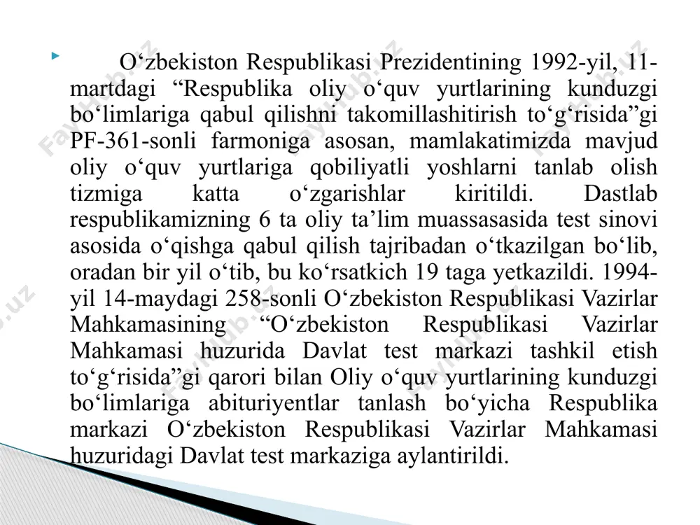 yojlari va individual imkoniyatlarning xilma-xilligini hisobga olgan holda barcha ta’lim oluvchilar uchun ta’lim tashkilotlarida ta’lim olishga bo‘lgan teng imkoniyatlarni ta’minlashga qaratilgan. jismoniy, aqliy, sensor (sezgi) yoki ruhiy nuqsonlari bo‘lgan bolalar (shaxslar) uchun ta’lim tashkilotlarida inklyuziv ta’lim tashkil etiladi. inklyuziv ta’limni tashkil etish tartibi o‘zbekiston respublikasi vazirlar mahkamasi tomonidan belgilanadi. eksternat tartibidagi ta’lim eksternat tartibidagi ta’lim olish o‘quv dasturlarini mustaqil ravishda o‘zlashtirishni o‘z ichiga olib, uning yakunlari bo‘yicha ta’lim oluvchilardan davlat ta’lim muassasalarida yakuniy va davlat attestatsiyalaridan o‘tishni talab etadi. eksternat tartibidagi ta’lim olishni tashkil etish tartibi o‘zbekiston respublikasi vazirlar mahkamasi tomonidan belgilanadi. mudofaa, xavfsizlik va huquqni muhofaza qilish faoliyati sohasida kadrlarni tayyorlash mudofaa, xavfsizlik va huquqni muhofaza qilish faoliyati sohasida kadrlarni tayyorlash ularning o‘ziga xos xususiyatlaridan kelib chiqqan holda qonun hujjatlariga muvofiq amalga oshiriladi. image2.png image3.jpg image4.png image5.png image6.png image1.jpeg /docprops/thumbnail.jpeg