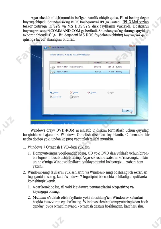 firmasi 80386 mikroprosessorga asoslangan ibm kompyuterini chiqardi. 1987 yil ms dos 3.3 yaratilib, 3 3,5 duymli, ya’ni 1,44 mbaytli disklar bilan ishlash imkoniyatini berdi.ms dos ot tashkil etuvchilari quyidagilardan iborat:  bios kiritish chiqarish tizimi : doimiy xotirasiga joylashtirilgan bo’lib, ot kiritish – chiqarish amallari bilan bog’liq xizmatni bajaradi.(basic inrut outrut system)  ipl yuklovchi dastur. dos ni ehm tezkor xotirasiga yuklash. diskning maxsus birinchi sektoriga joylashgan bo’ladi.  io.sys va ms dos. sys dasturlari diskda joylashgan bo’lib, murakkab kiritish-chiqarish amallarini bajaradi.  command.com buyruq prosessori, diskda joylashgan dos ishini boshqarish uchun xizmat qiladi. bir qancha buyruqlarni bajaradi (cd, ols, cory,…, vol) ichki buyruqlari command.com ning o’zida joylashgan.  tashqi buyruqlari ot bilan birgalikda tavsiya etiladi. ular alohida ko’rinishdagi dasturlardir. masalan, format  qurilmalar drayver diskda joylashgan bo’lib, shahsiy kompyuter va tashqi qurilmalar o’rtasida “muloqat” vositasini o’taydi. drayverlar nomi config.sys faylida ko’rsatiladi kompyuter elektr tarmog’iga ulanishi bilan bios kompyuter xotirasi …