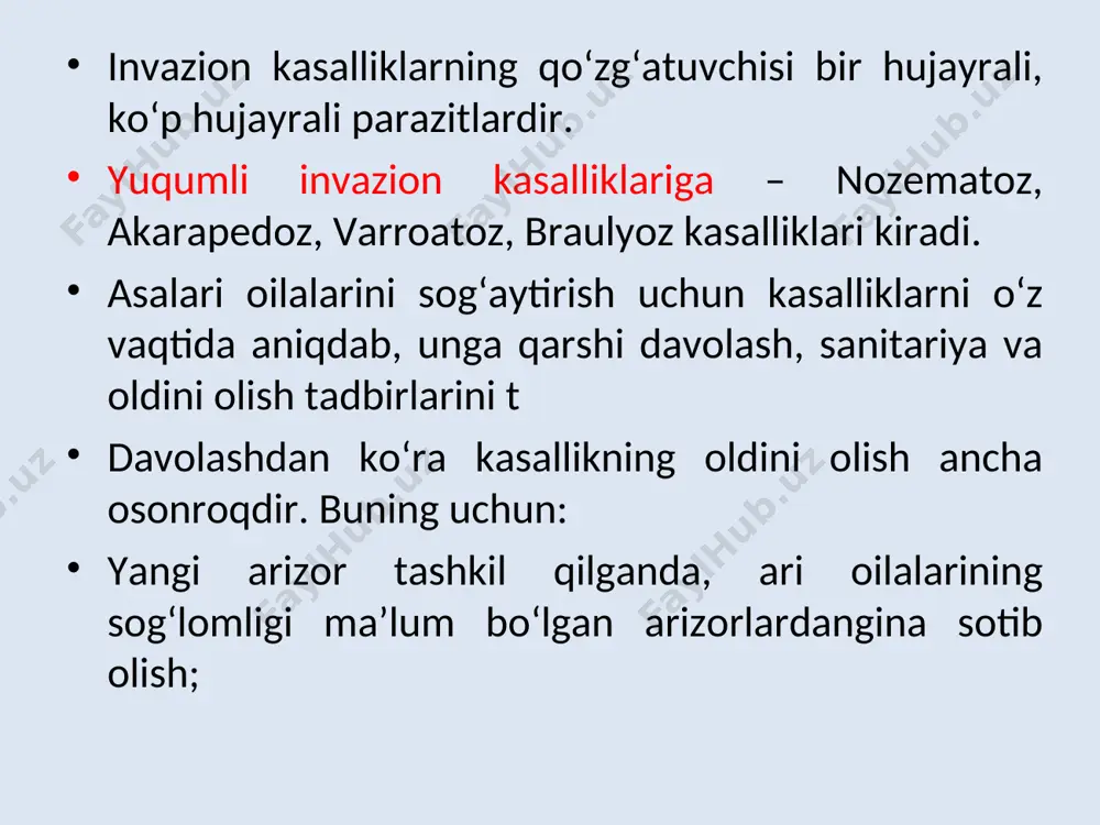 ziqani iste’mol qiladi. kasallangan asalarilar ozib ketadi, ona ari esa tuxum qo‘yishni kamaytiradi, oila kuchsizlanib nobud bo‘ladi. asalarining ustidagi bitni ko‘z bilan aniq ko‘rsa bo‘ladi. asalarilarni davolash uchun fenotiazin, naftalin yoki kamfora preparatlarini qo‘llash tavsiya qilinadi. davolash oldidan ramkalar ostiga bir tomoni yog‘langan qog‘oz yozilib, arixonada teshikchalar bo‘lsa suvaladi. tutatib bo‘lgandan keyin bitlar tushgan qog‘ozni ehtiyotlik bilan olib yoqib yuboriladi. fenotiazin har bir oilaga 1,5 g tutatilib, eshikchalar toraytiriladi. har bir oilaga 12 g naftalin dokaga o‘ralib kechqurun qo‘yilib, ertalab olinadi. kamfora ham har bir oilaga 5 g dokaga uralib arixona ichiga kuyilib, ertalabgacha kdldiriladi. davolash 3 kun ketma-ket takrorlanadi. varroatoz – xavfli kasallikdir. bu kana bo‘lib asa­larilar ustida joylashib olib, uning qoni bilan oziqlanadi. varroatoz kanasi jigar rang bo‘lib, ko‘z bilan ko‘rsa bo‘ladi. bu kana tuxumlarini qurtcha bor mumkataklar berkitilishidan oldin o‘tib tuxum qo‘yadilar. bitta mumkatakchaga 4-8 ta gacha tuxum qo‘yadi. erkak ari bor katakchalarga ko‘proq 10-14 ta tuxum …