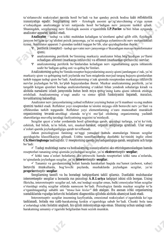 ilishi natijasida ko‘rish sezgisi, har xil tezlik va kuchlanishdagi havo to‘lqinlarining quloqimizga ta’sir etishi natijasida eshitish sezgisi, nafas olish paytida havo bilan birga burun bo‘shlig‘iga kirgan har turli modda zarrachalarining ta’siri natijasida hid sezgisi, biror narsani qo‘limiz yoki badanimizga tegib ta’sir etish natijasida teri (taktil - biror narsaning terimizga tegishi) yoki bosim sezgisi va shu kabi sezgilar har doim hosil bo‘ladi. demak, sezgi deb- atrofimizdagi narsa va hodisalarning sezgi a’zolarimizga bevosita ta’sir etishi natijasida ularning ayrim belgi va xususiyatlarini miyamizda aks ettirilishini aytamiz. sezgi bilish jarayonlari ichida oddiy psixologik jarayon bo‘lib, tashqi olamdagi narsa va hodisalarni aks ettiradi. tashqi olamdan kelayotgan qo‘zg‘atuvchilarning muayyan reseptorlarga bevosita ta’sir etish orqali ayrim belgi va xususiyatlarni va organizm ichki holatini aks ettiradi. ma’lumki, insondan sezishning dastlabki bosqichi hissiy bilishdan boshlanib, keyinchalik u mantiqiy bilishga o‘tadi. sezgi ham oddiy psixologik jarayon bo‘lgani bilan uning yuzaga kelishi o‘z-o‘zidan hosil bo‘lmaydi. ular jumlasiga quyidagilar kiradi:  sezgi …