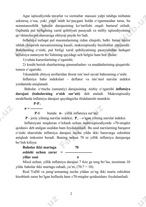 oklassiklar esa taklif tomonidan yondoshishadi. 75 n. gregory mankiw. macroeconomics. 8 th edition. harvard university. (ny.: worth publishers, 2013): 139 agar iqtisodiyotda tovarlar va xizmatlar massasi yalpi talabga nisbatan sekinroq o‘ssa, yoki yalpi talab ko‘paygani holda o‘zgarmasdan tursa, bu nomutanosiblik baholar darajasining ko‘tarilishi orqali bartaraf etiladi. oqibatda pul birligining xarid qobiliyati pasayadi va milliy iqtisodiyotning qo‘shimcha pul massasiga ehtiyoji paydo bo‘ladi. inflatsiya nafaqat pul muomalasining izdan chiqishi, balki butun takror ishlab chiqarish mexanizmining kasali, makroiqtisodiy buzilishlar natijasidir. baholarning o‘sishi, pul birligi xarid qobiliyatining pasayishidan tashqari inflatsiya namoyon bo‘lishining quyidagi uch belgisi ham bor. bular: 1) valuta kururslarining o‘zgarishi; 2) kredit berish shartlarining qimmatlashuv va muddatlarining qisqarishi tomon o‘zgarishi; 3) kundalik ehtiyoj mollaridan iborat iste’mol savati bahosining o‘sishi. inflatsiya baho indekslari – deflator va iste’mol narxlar indeksi yordamida aniqlanadi. baholar o‘rtacha (umumiy) darajasining nisbiy o‘zgarishi inflatsiya darajasi (baholarning o‘sish sur’ati) deb ataladi. makroiqtisodiy modellarda inflatsiya darajasi quyidagicha ifodalanishi mumkin: p-p-1 π …